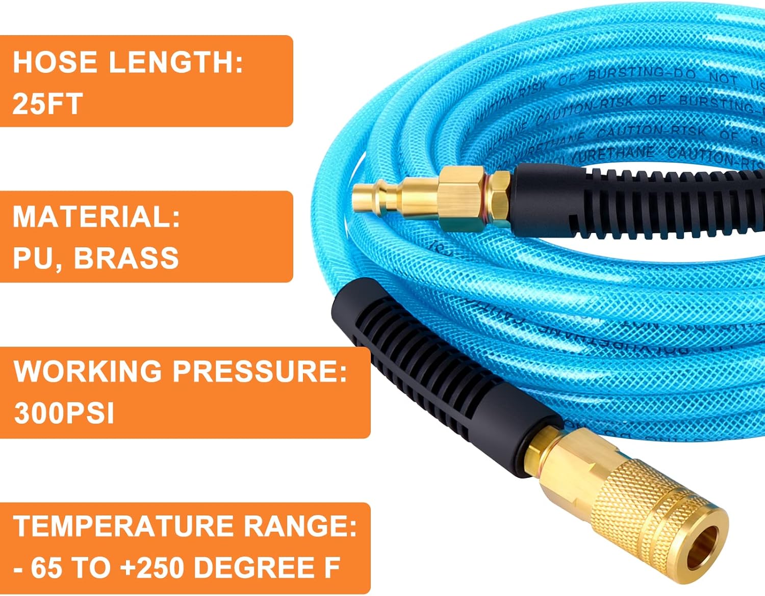 GASHER 1/4'' x 25FT Polyurethane Air Hose, Maximum Working Pressure 300PSI,Composed of Brass And Blue PU hose, Easy to Install : Everything Else