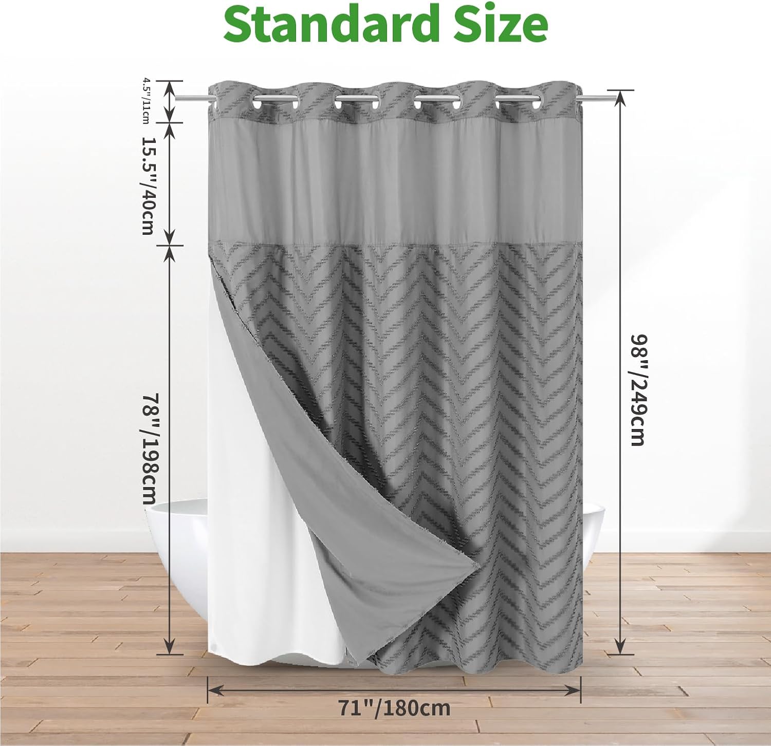 Extra Long No Hook Tufted Chevron Striped Shower Curtain with Snap-in Fabric Liner set-71Wx98H(96H),Tall Hotel Grade Boho Style Shower Curtain,Water Repellent,Grey