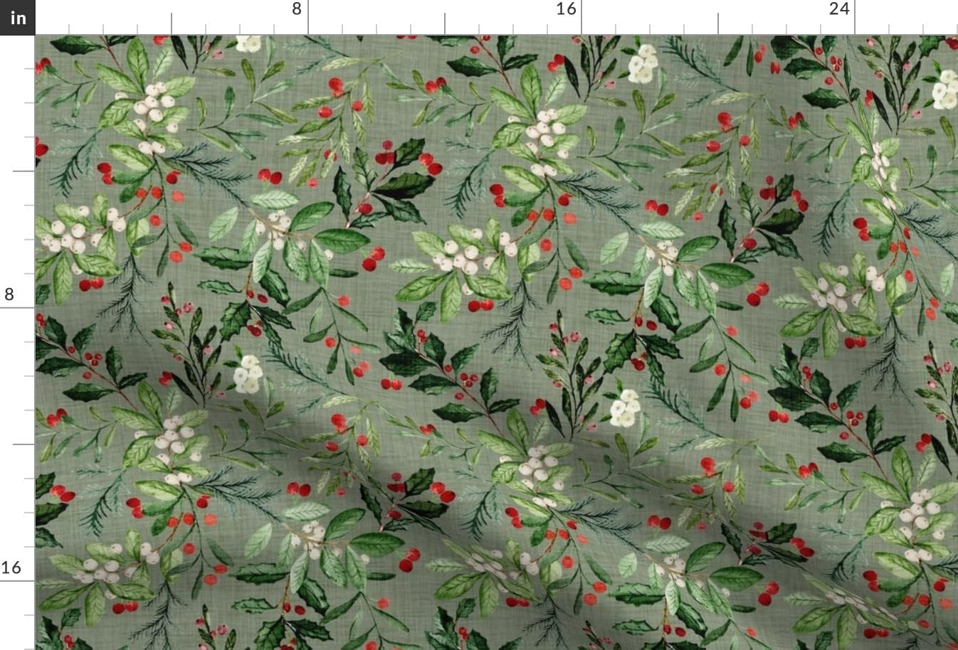 Spoonflower Fabric - Floral Winter Holiday Christmas Holly Fall Xmas Florals Sage Printed on Upholstery Velvet Fabric Fat Quarter - Upholstery Home Decor Bottomweight Apparel
