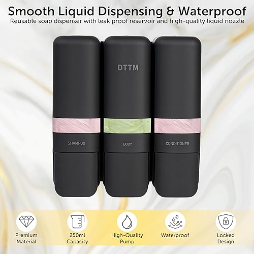 Miniatura 3 de Dispensador de champú, acondicionador y gel de baño 3 en 1 montado en la pared, dispensador de jabón de ducha recargable para baño, hogar, hotel,