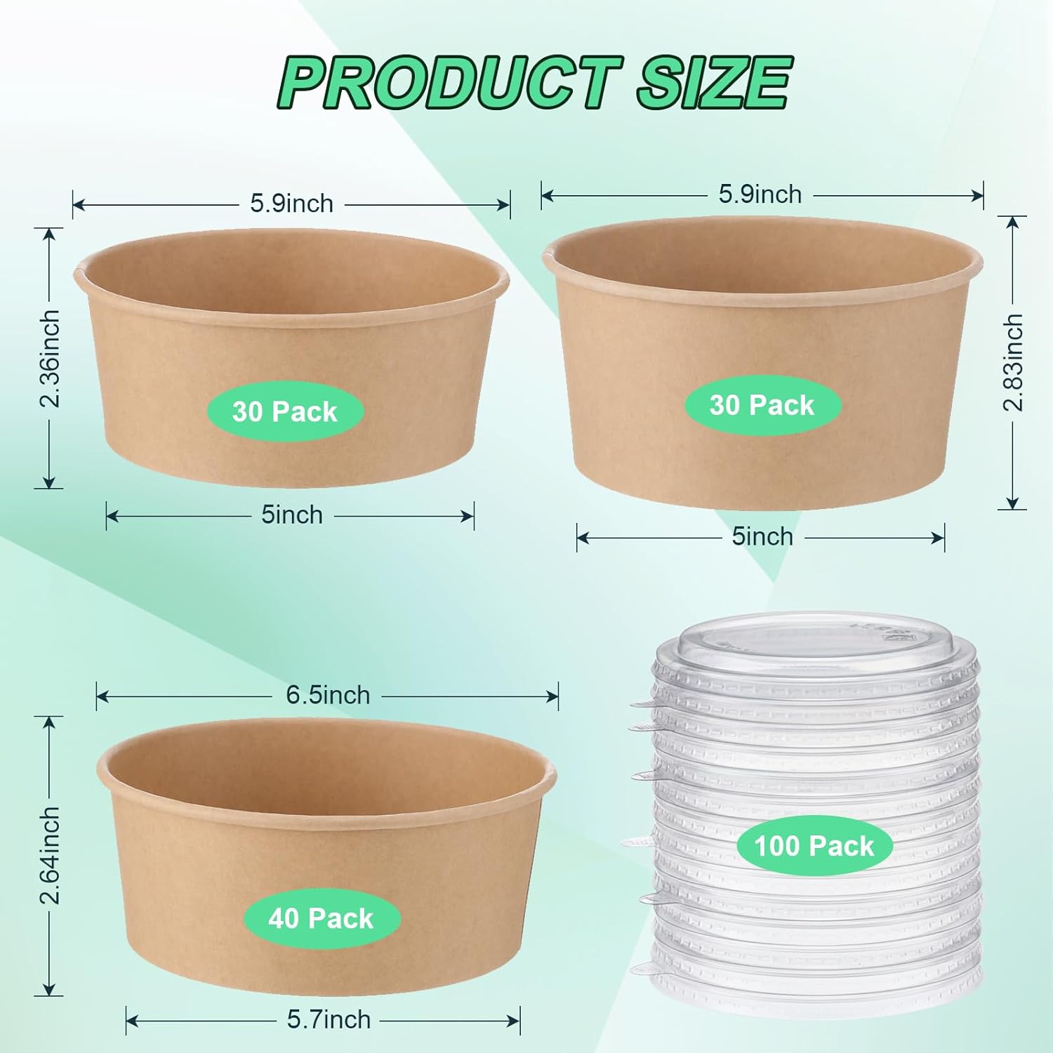 100 Pack Kraft Paper Bowls with Lid 25/34/ 37 oz Disposable Soup Salad Bowls Party Supplies, to Go Food Container for Party Dessert, Ice Cream, Yogurt, Microwave Freezer Safe