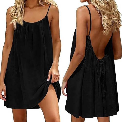 HYYGOCCTV Backless Cami Dress for Women Short Flowy Mini Backless Dress Sleevele