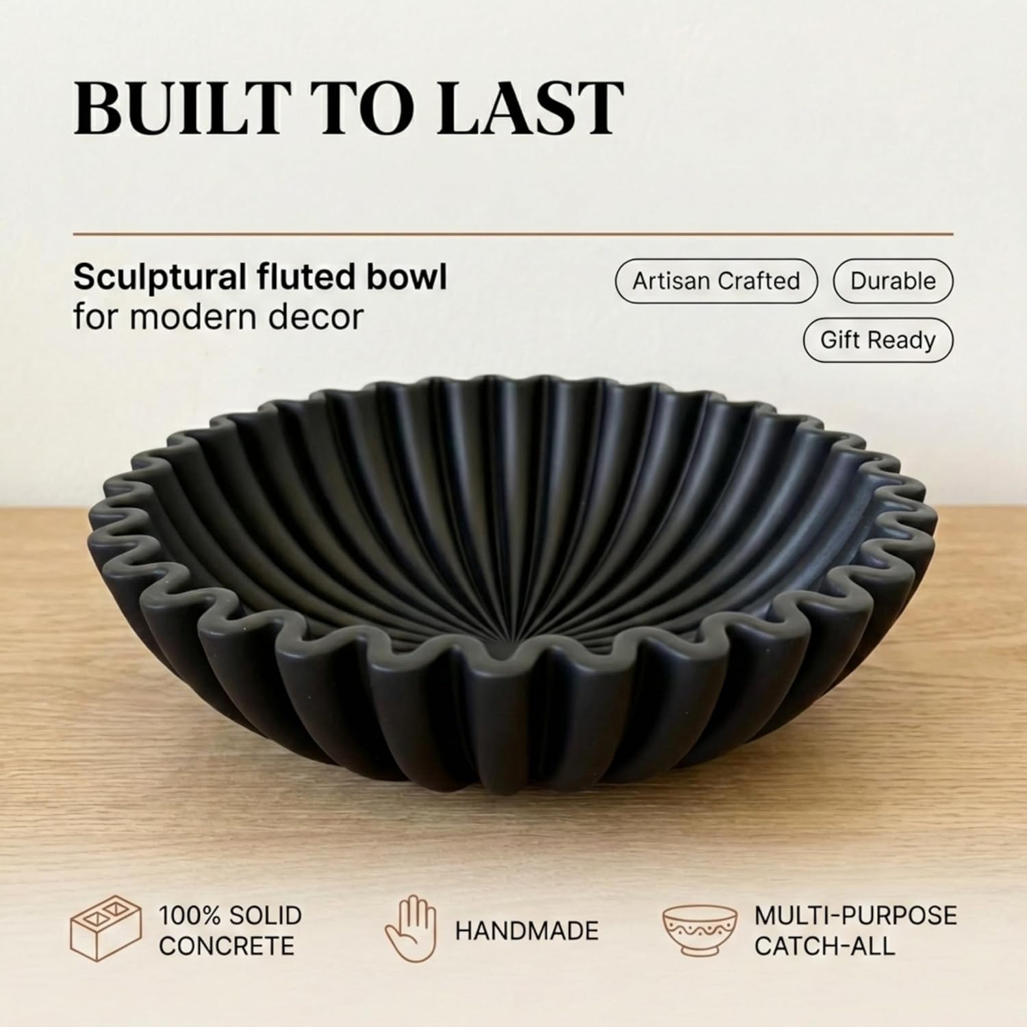 OAKOA Concrete Black Decorative Bowl for Home Decor - Black Fruit Bowl for Kitchen Counter - Black Bowl Decor - Modern Fruit Bowl Black - Centerpiece Bowl