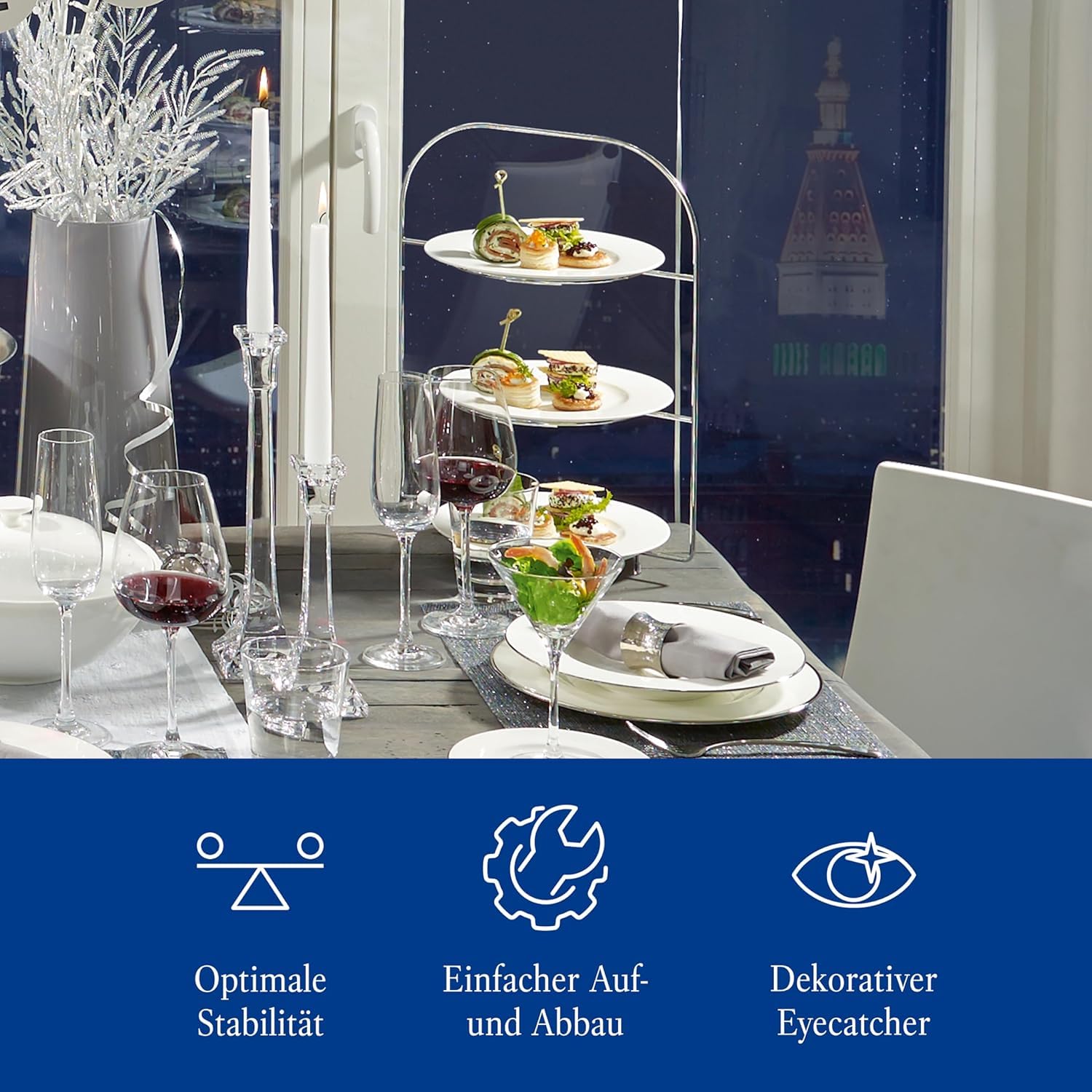 Villeroy & Boch – Anmut, etażerka z wysokiej jakości stali nierdzewnej, 3-poziomowy talerz do serwowania do bufetu na lunch, 40 cm, stal nierdzewna