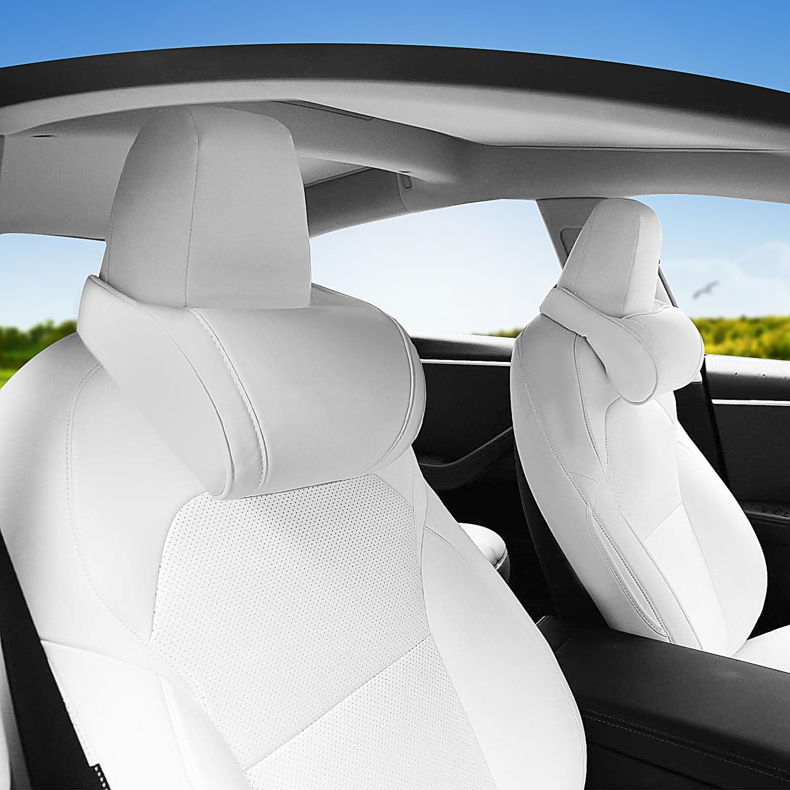Photo 1 of Erivis Car Neck Pillow for Tesla Model Y/3/S/X/Cybertruck Memory Foam Headrest Pillow Ergonomic Design Neck Support Seat Headrest Softness Comfortable Car Pillow (White, 2 Pack)