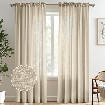 Melodieux Tan Semi Sheer Curtains 84 Inches Long for Living Room, Bedroom Linen Look Farmhouse Rod Pocket Shiny Sheer Curtain Drapes Light Filtering Home Office, 52" W x 84" L, 2 Panels