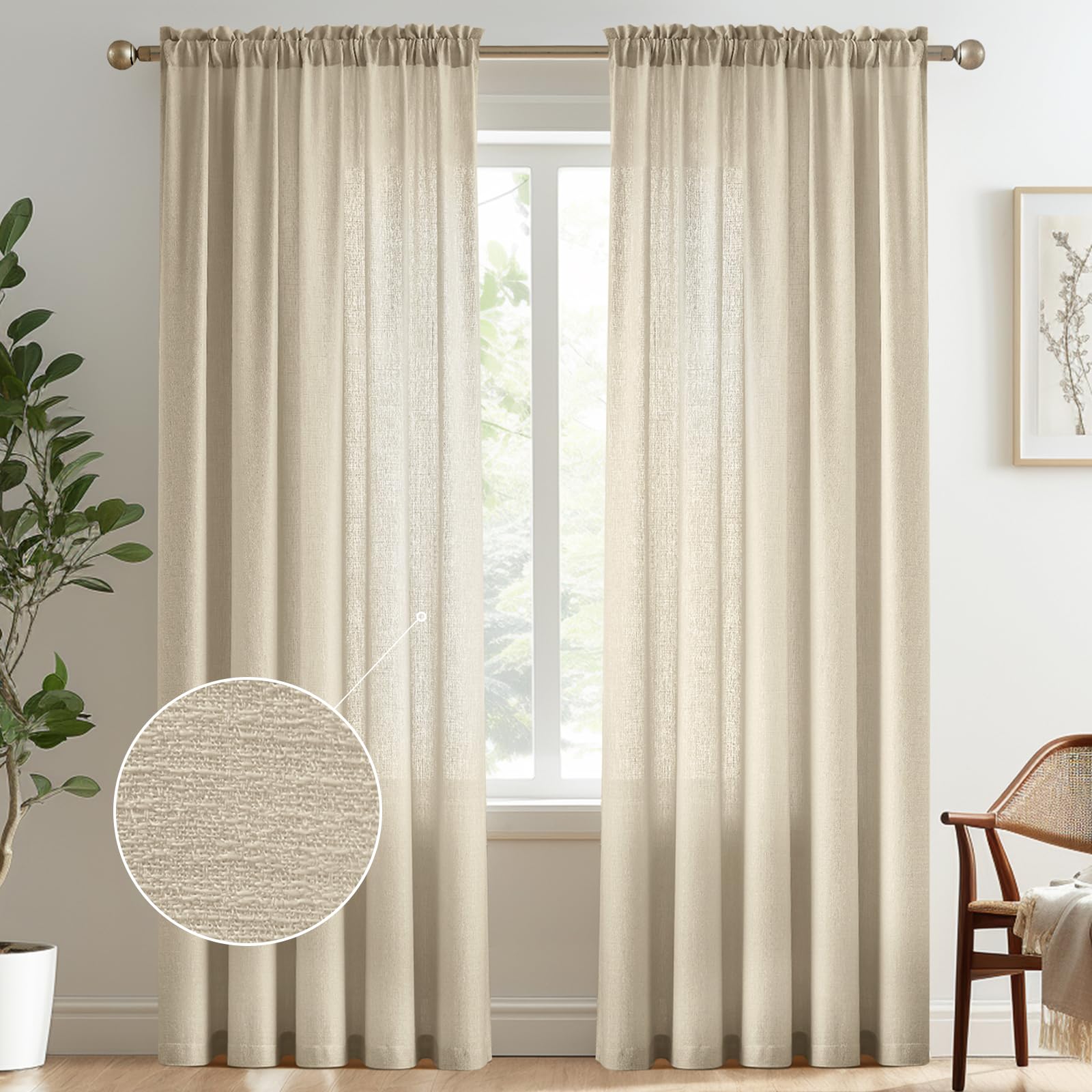 Melodieux Tan Semi Sheer Curtains 96 Inches Long for Living Room, Bedroom Faux Linen Texture Farmhouse Rod Pocket Shiny Sheer Curtains Drapes Light