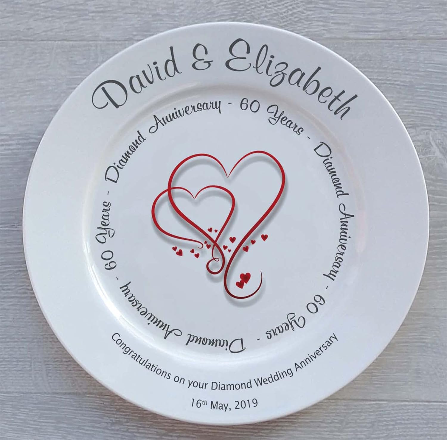 Personalized Bone China Commemorative Plate - 60th (Diamond) Wedding Anniversary - Hearts Design