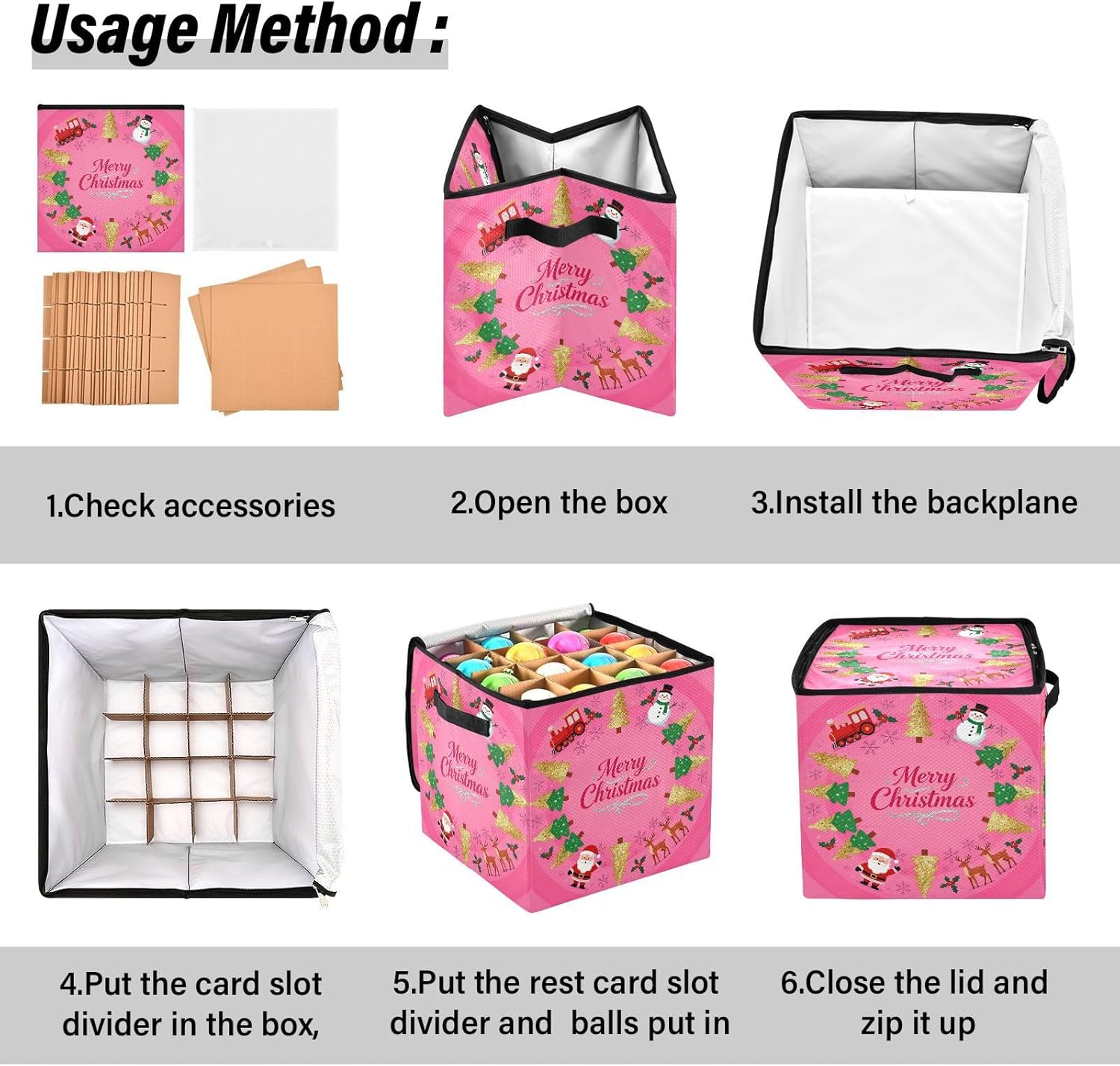High Capacity Christmas Ornament Storage Box Holds Up to 64, Two Handles stackable Holiday Storage Case with Lid,Merry Christmas Pink