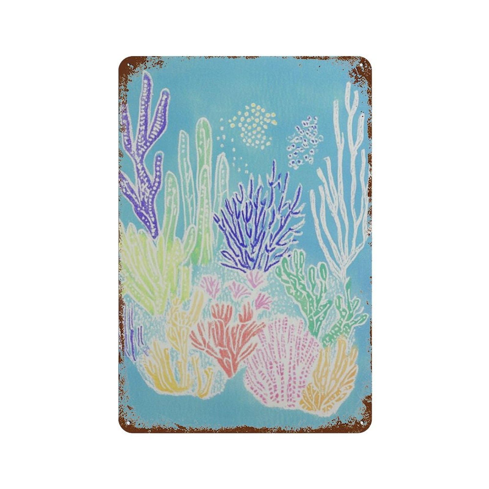 xiaoxiaoshen Colorful Coral Reef Ocean With Tropical Coastal Beach House Modern Linocut Wall Decor Art Metal Tin Poster Modern Home Decor Art Home Bar Shop Decorations Vintage Sign 30x20cm