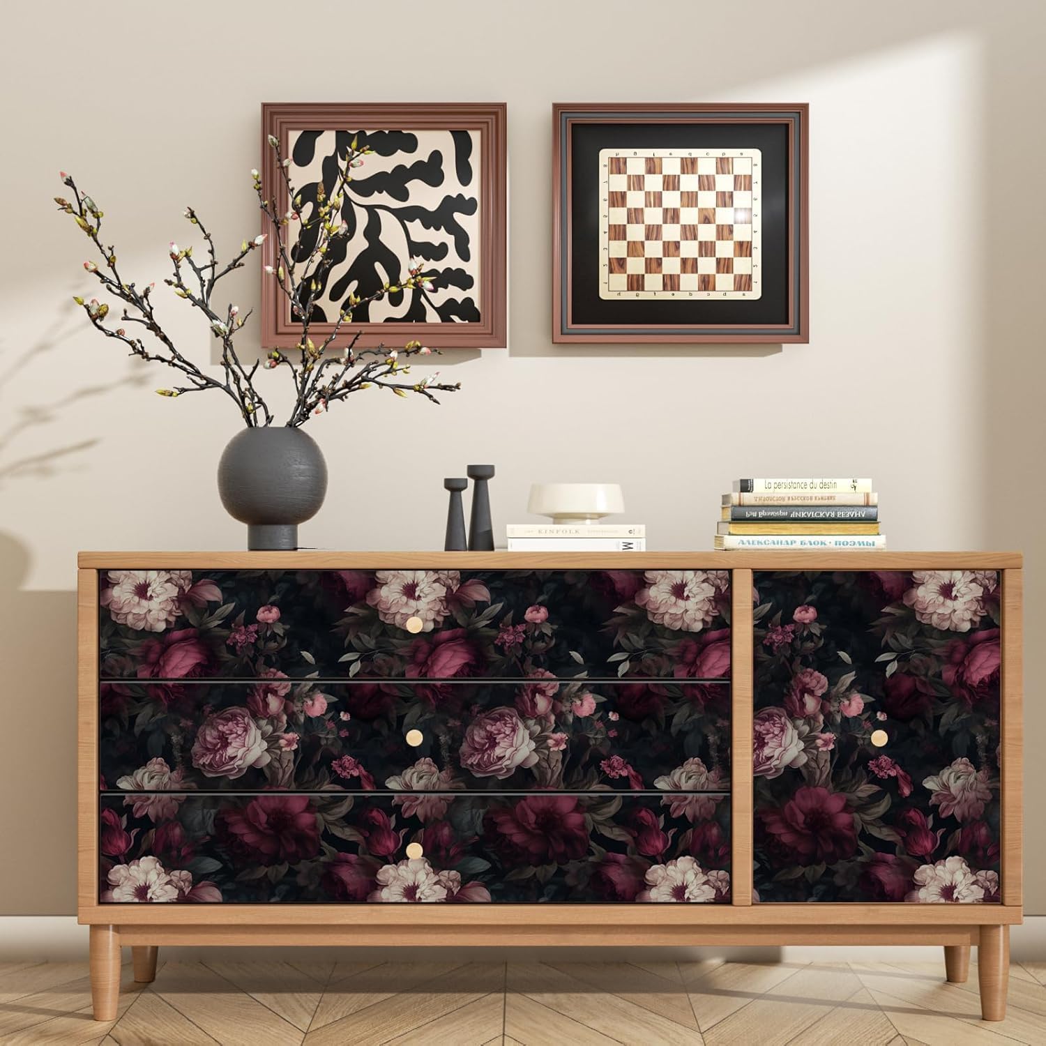 ILHIIOR Dark Floral Wallpaper,Boho Peel and Stick Wallpape,Leaf Contact Paper, Gothic Floral Wall Paper Removable Wallpaper Self Adhesive for Cabinet Drawers Wall Decor Renter Friendly 17.5''x393''