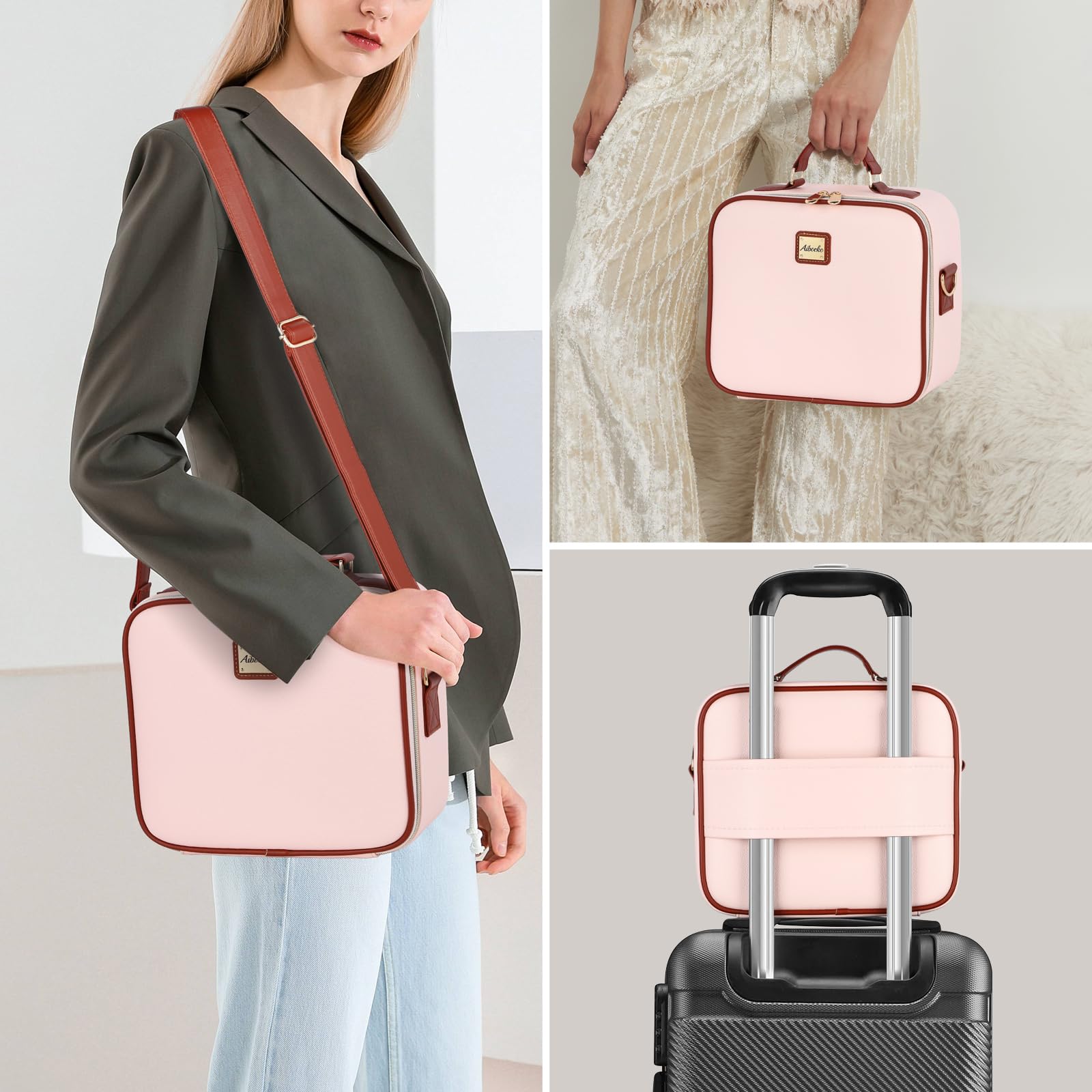 Aiborke Travel Makeup Bag with Led Mirror Make up Case with Lighted Mirror Cosmetic Organizer bag with Adjustable Dividers and 5X Magnifying Mirror Makeup Box Vanity Case for Women Pink+Brown - Image 4