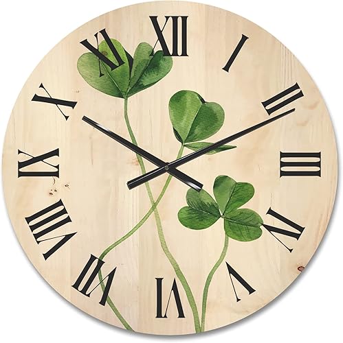 DesignQ Reloj de pared de madera con detalle de plantas verdes de campo, grande, decorativo, floral y botánico, reloj de pared de madera de gran