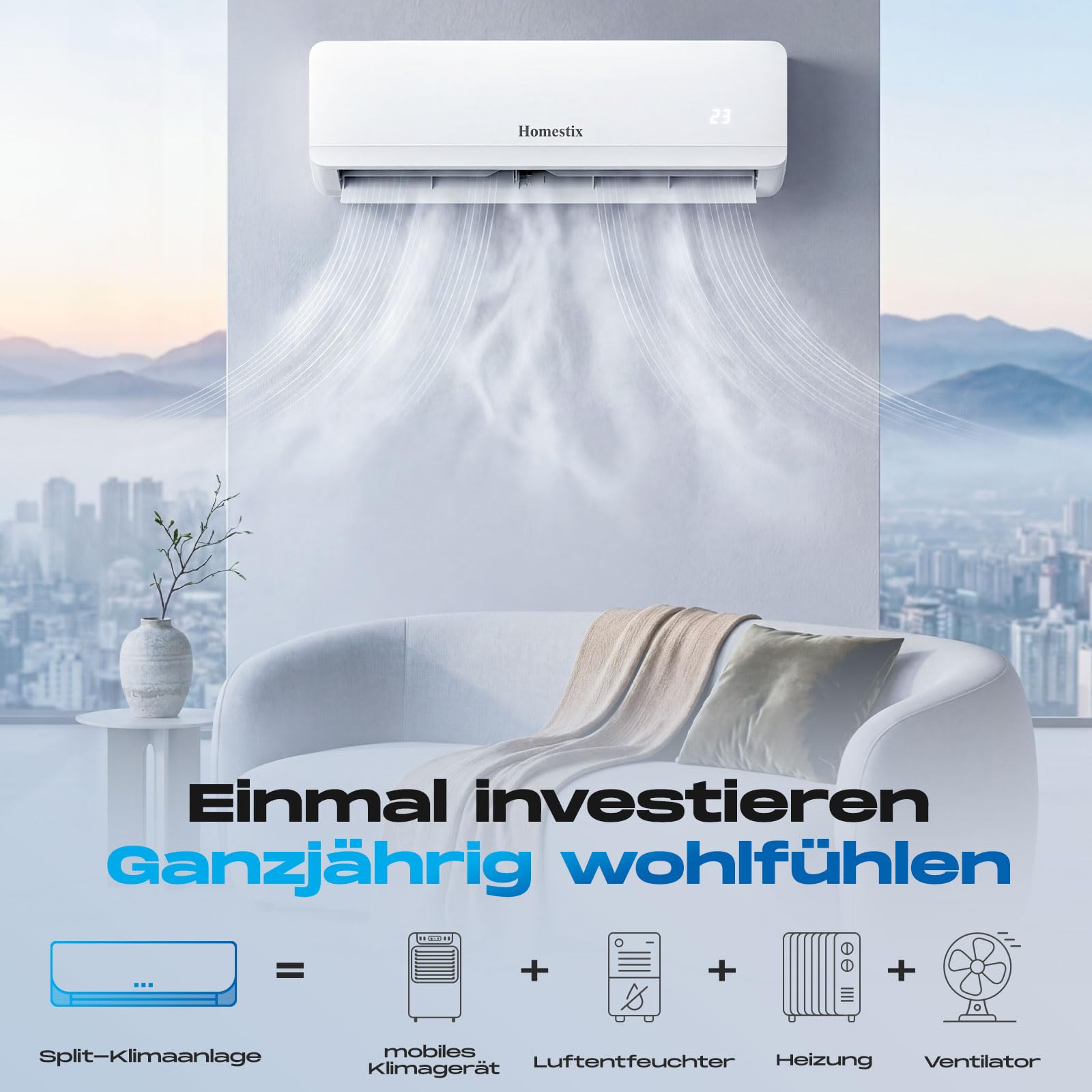 Split Klimaanlage 12000 BTU，4-in-1-Kältegerät mit Heizen, Kühlen, Entfeuchten und Lüften, bis70 m², ultraleise, Fernbedienung & APP, 24h-Timer/Schlaf/ECO-Energiesparmodus, inkl. Montagematerial