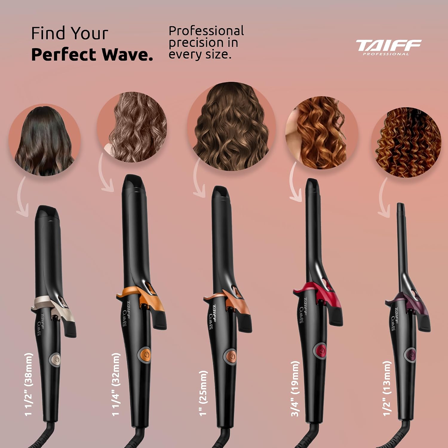TAIFF Curves Professional Black Titanium Curling Iron – High-Performance Hair Curler & Rizadora para Cabello with Dual Voltage | Fixed Temperature 410°F | 1”