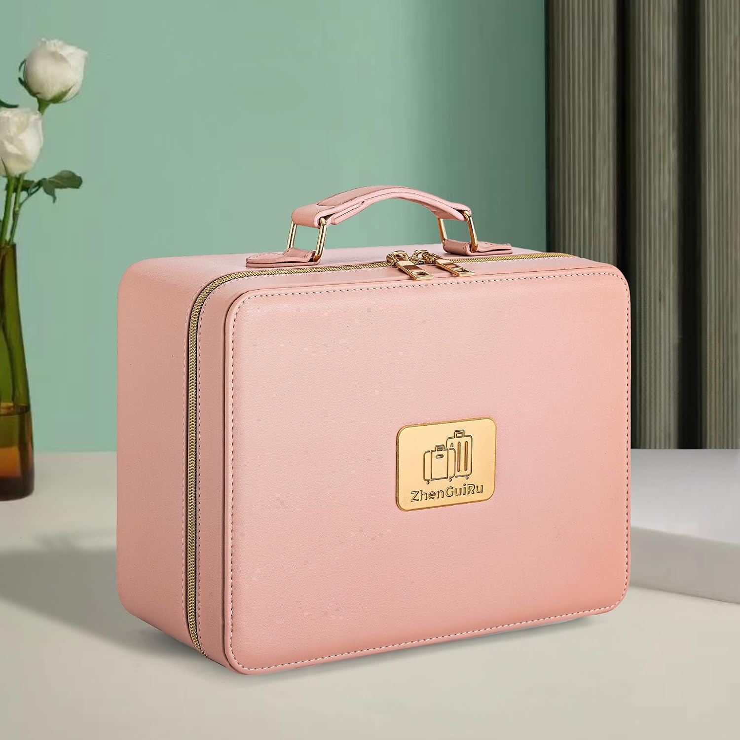 Upgraded Makeup Bag with LED Mirror, Travel Makeup Bag with Compartments, Waterproof Cosmetic Travel Bag, Portable Makeup Case Organizer with Lighted Mirror & Brush Storage (Pink)