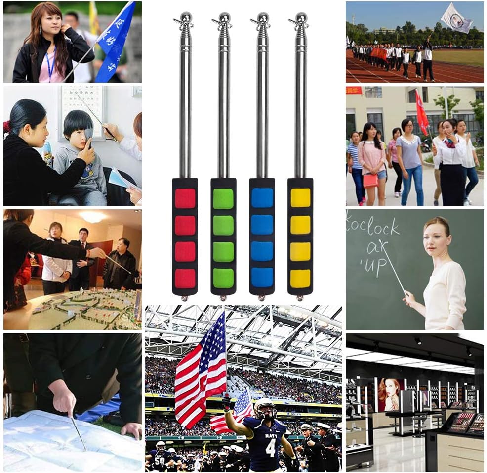 Enjoyist 4-Pack Assorted Color Telescoping Handheld Flagpole, Extendable Stainless Portable Steel Banner Tour Guides & Pointer for Teachers, with Clips (63'' Flagpole)