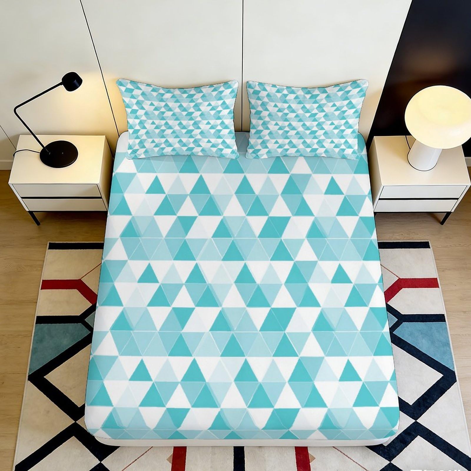 3D Printed Blue Geometric Triangle Fitted Sheet Microfiber Mattress Cover Anti-Slip Easy Care for Bedroom Dorm Decor 200x200x25cm