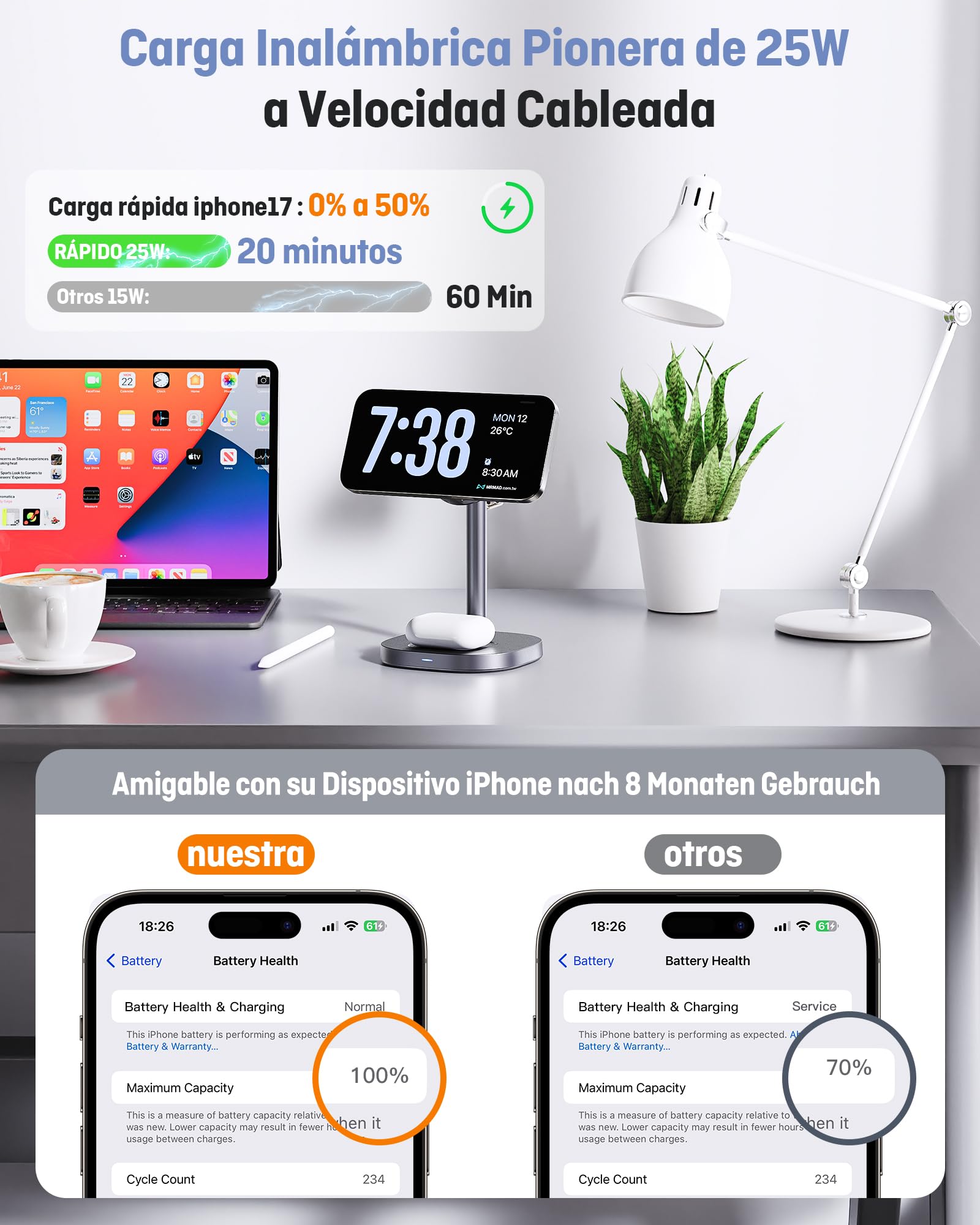 Cargador Inalámbrica magnético Qi2.2 25W, Estación de Carga Plegable 3 en 1 para iPhone 17/16/15/14/13/12, Wireless Charger Rápido Soporte para Apple Watch Ultra 3/11/10/9/8/7/6, para AirPods