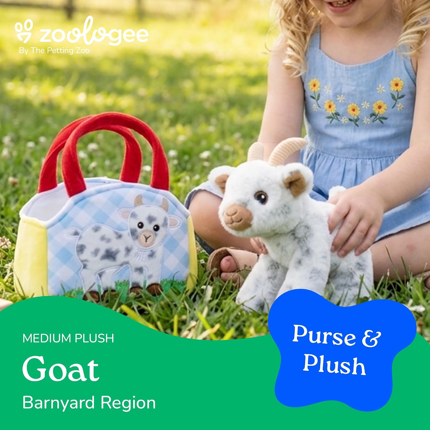 The Petting Zoo Goat Stuffed Animal Plushie and Purse Set, Gifts for Kids, Wildlife Animal Toy, White Goat Plush Toy and Purse Pet Carrier