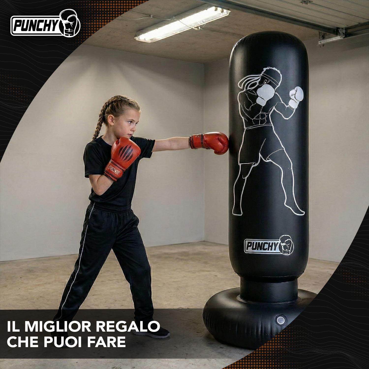 Punchy® Sacco da Box Gonfiabile per Bambini 160x55 cm | Set Boxe con Guantoni e Pompa | Giocattolo Attivo per Bambini e Bambine dai 5 Anni | Per Casa e Giardino | Aerobik®