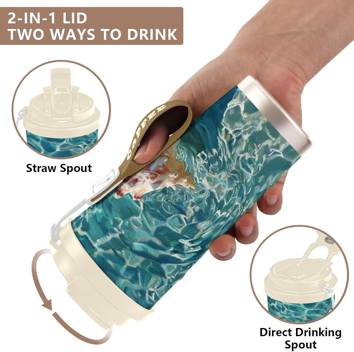 Conch Water Insulated Coffee Mug with Straw & Flip Lid, 16.9oz Iced Tumbler Cup, Double Wall Vacuum Mug for Travel Office