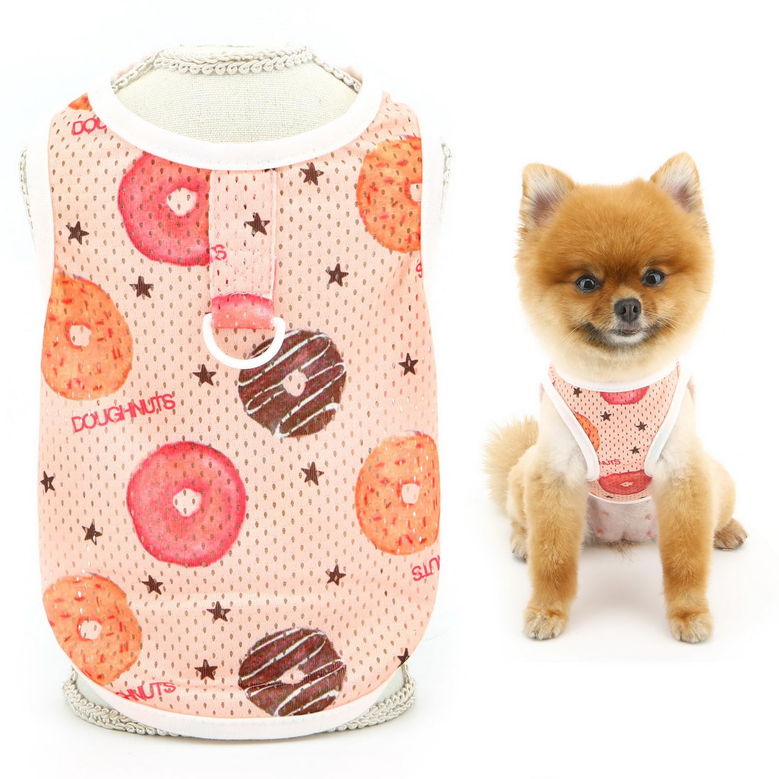 SMALLLEE_LUCKY_STORE Dog Shirt for Small Dog Cooling Mesh Pet Pullover T-Shirt with D-Ring and Donuts Printed Spring Summer Clothes Breathable Puppy
