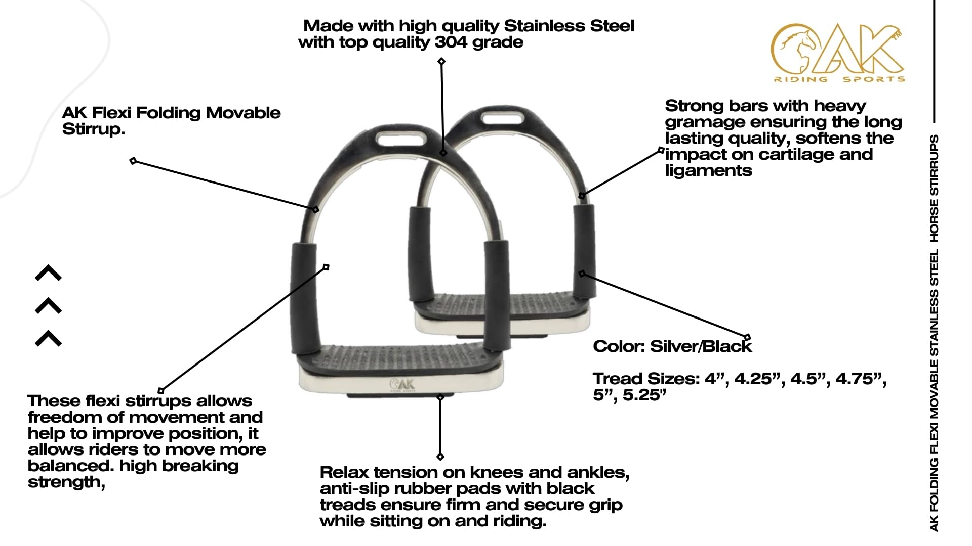 AK Flexi plegable de acero inoxidable para montar a caballo, estribos ecuestres con banda de rodadura negra (4 pulgadas, plata)