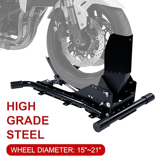 Miniatura 5 de Soporte ajustable para rueda de motocicleta, soporte de rueda resistente, soporte delantero de motocicleta, soporte de remolque de acero de alta