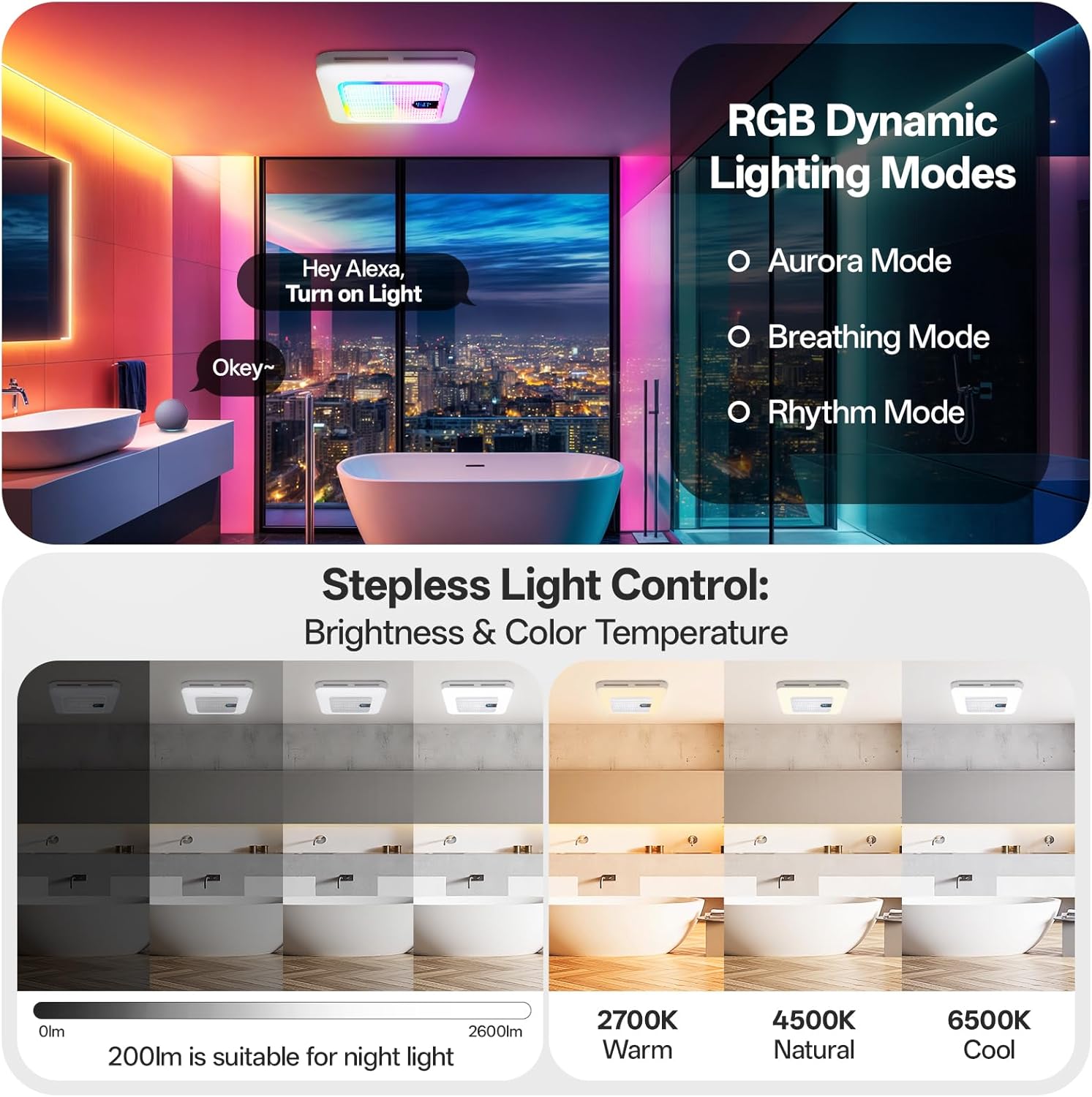 Smart Bathroom Exhaust Fan with Light & Bluetooth Speaker, Humidity & Odor Sensor, 3 RGB Dynamic Mode, Adjustable Lighting (0-2600lm,3CCT), 1 Sone Quiet, Easy Install