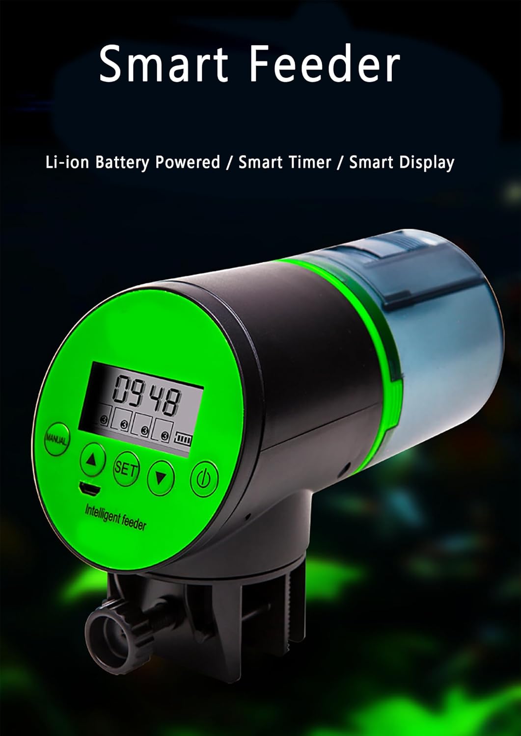 Rechargeable Automatic Fish Feeder, 200ml Large Capacity Auto Feeders with Energy-Saving Liquid Crystal Display and Swivelling Base, Volume Adjustable for Mini Tank Aquarium and Pond