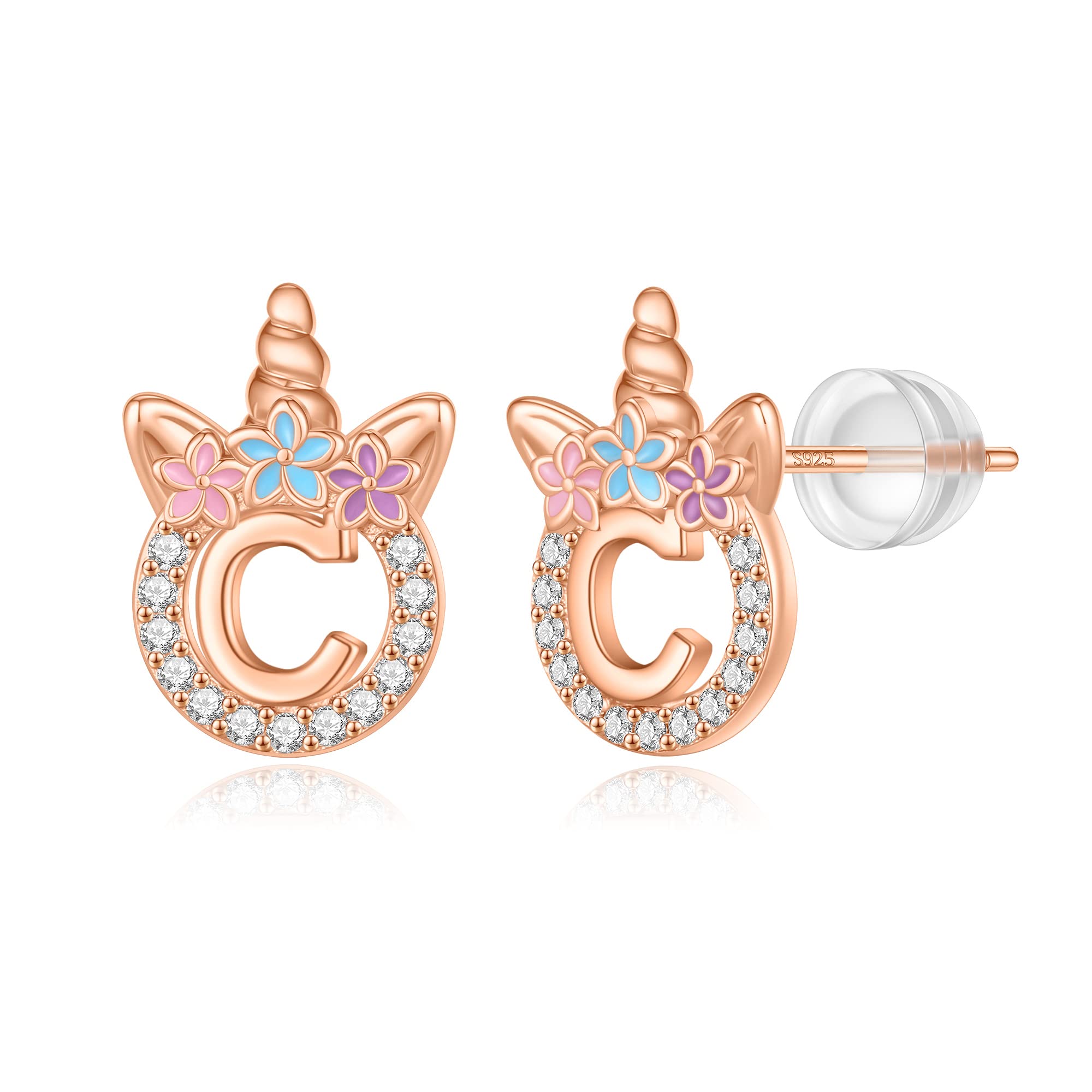 Unicorn Earrings Gifts for Girls - 925 Sterling Silver Stud Earrings Hypoallergenic Initial Unicorn Earring for Girls Kids Jewelry CZ Birthday Gifts