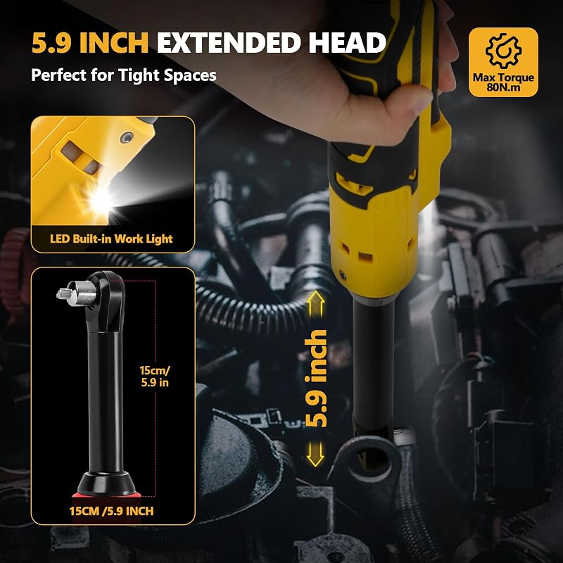Cheie cu clichet fără perii, cu acumulator, 3/8", mâner de 16 cm, pentru DeWalt 18V 20V, LED, 300 rpm, 80 Nm, fără acumulator