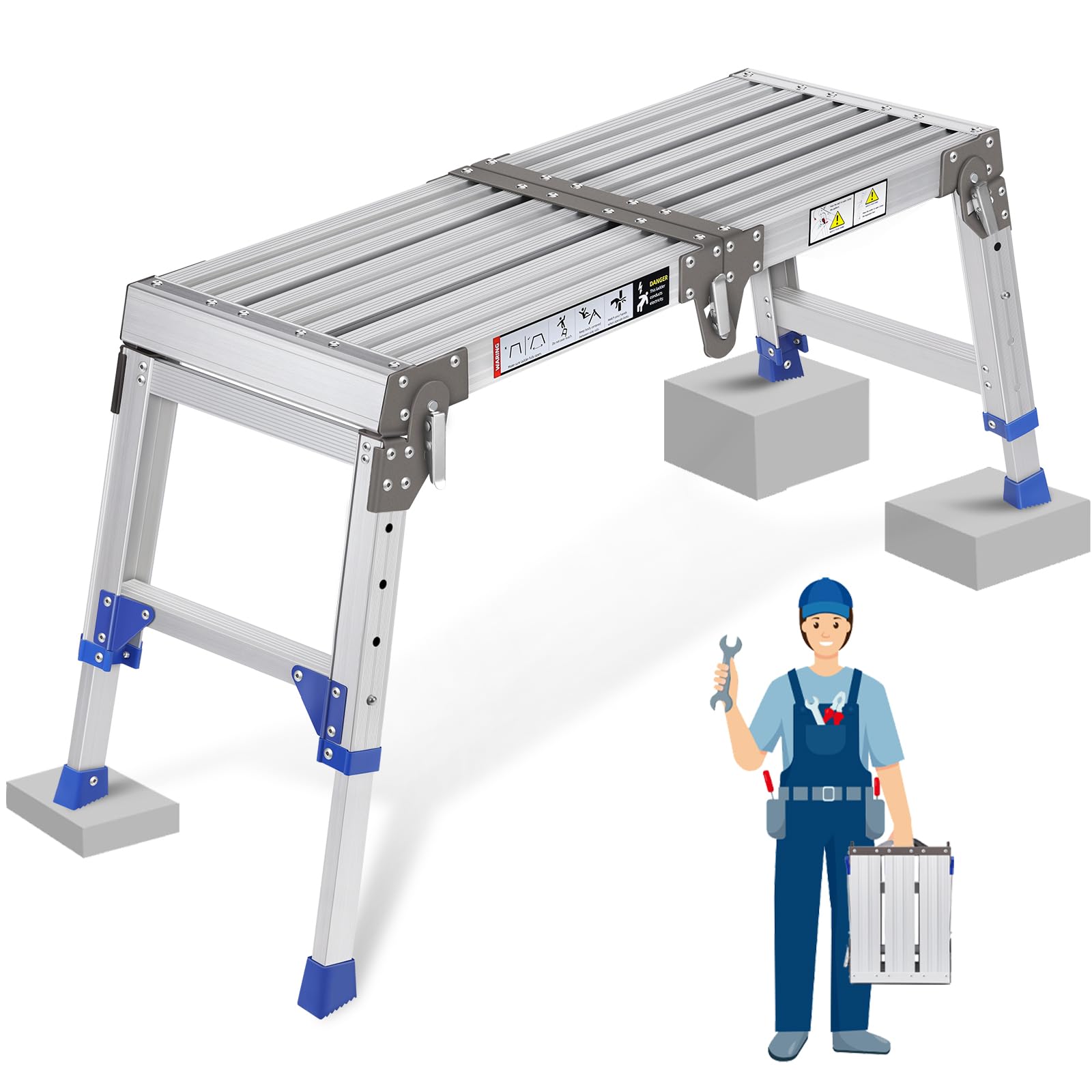Upgraded Folding Work Platform with Adjustable Height, Aluminium Hop Up Platform & Step Ladder with Safety Lock, Heavy Duty 660lb โ Portable Lightweight Stair Platform for Workshop, Garage & Outdoor