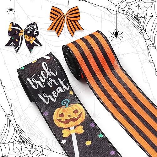 2 rollos de cintas de tela de Halloween de arpillera de Halloween, tiras de lino naranja y negro, tiras de calabaza piruleta con borde de caramelo,
