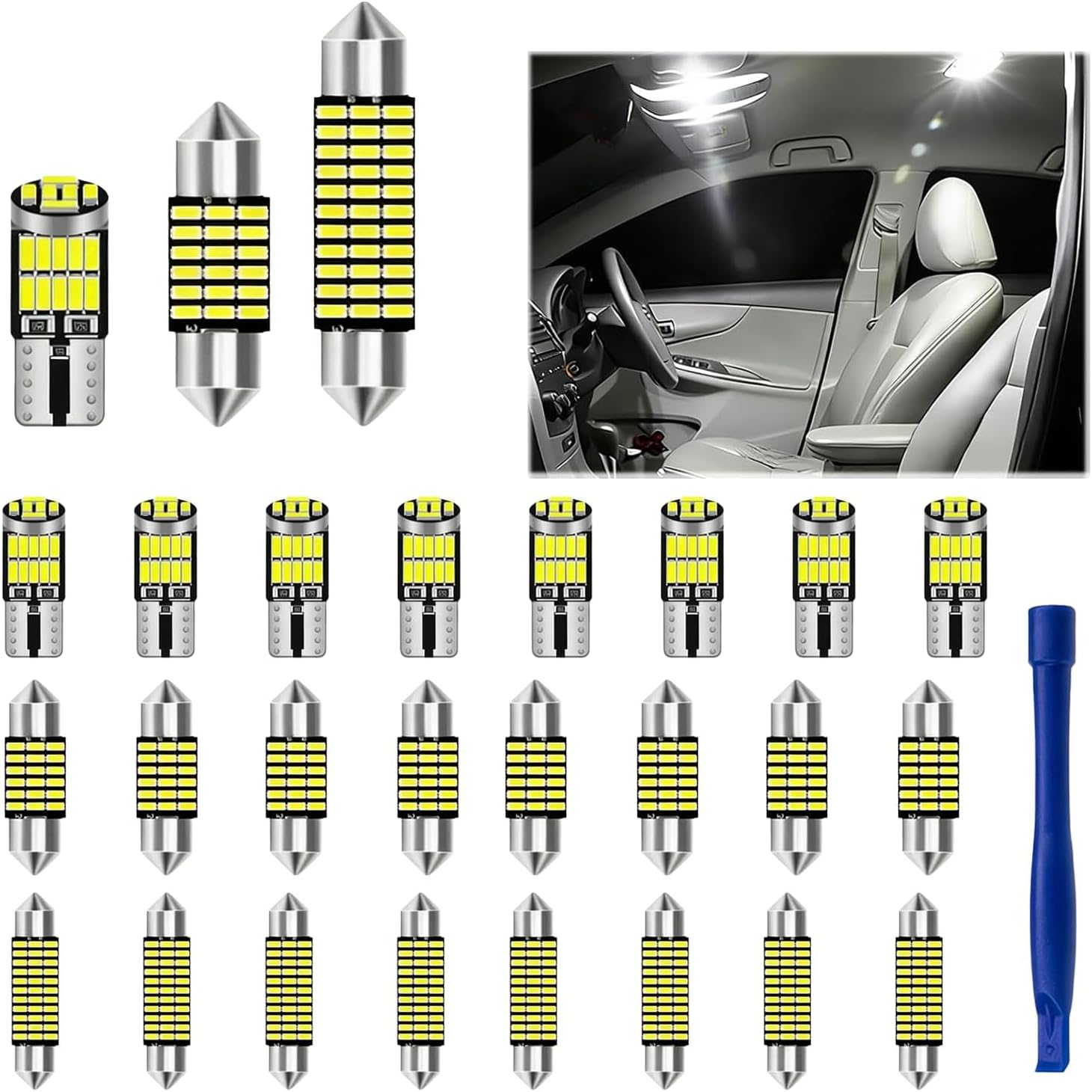 24PCS LED Interior Light Kit, Multi-Spec Bulbs Including 31mm 36mm 39mm 41mm T10 W5W 4014, Super Bright White LED Light for Vehicle Map, Door, Trunk, Courtesy and License Plate Lighting