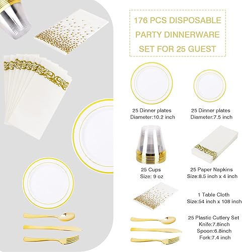 Miniatura 6 de Eye4tech - Juego de vajilla dorada desechable de 176 piezas, 50 platos de plástico dorados, 25 cubiertos dorados, 25 tazas doradas de 9 onzas, 25