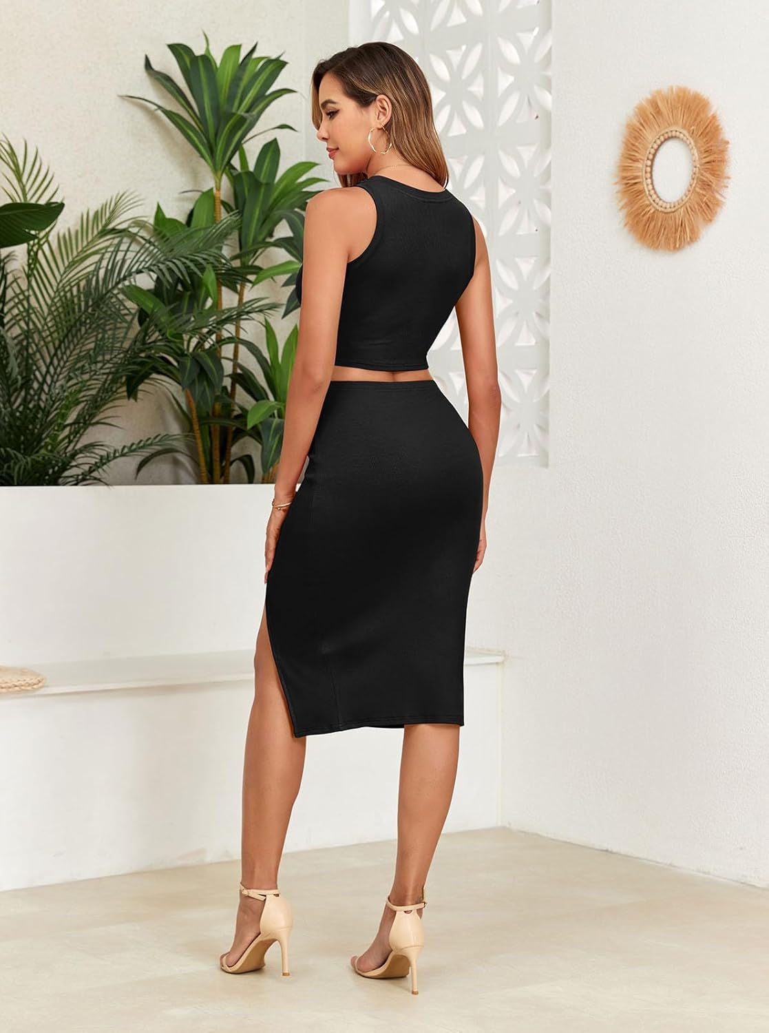 oten Women 2 Piece Summer Sexy Slim Skirt Ribbed Sleeveless Tank Top Bodycon Slit Dress High Waist Midi Dresses Outfit Set - Image 2