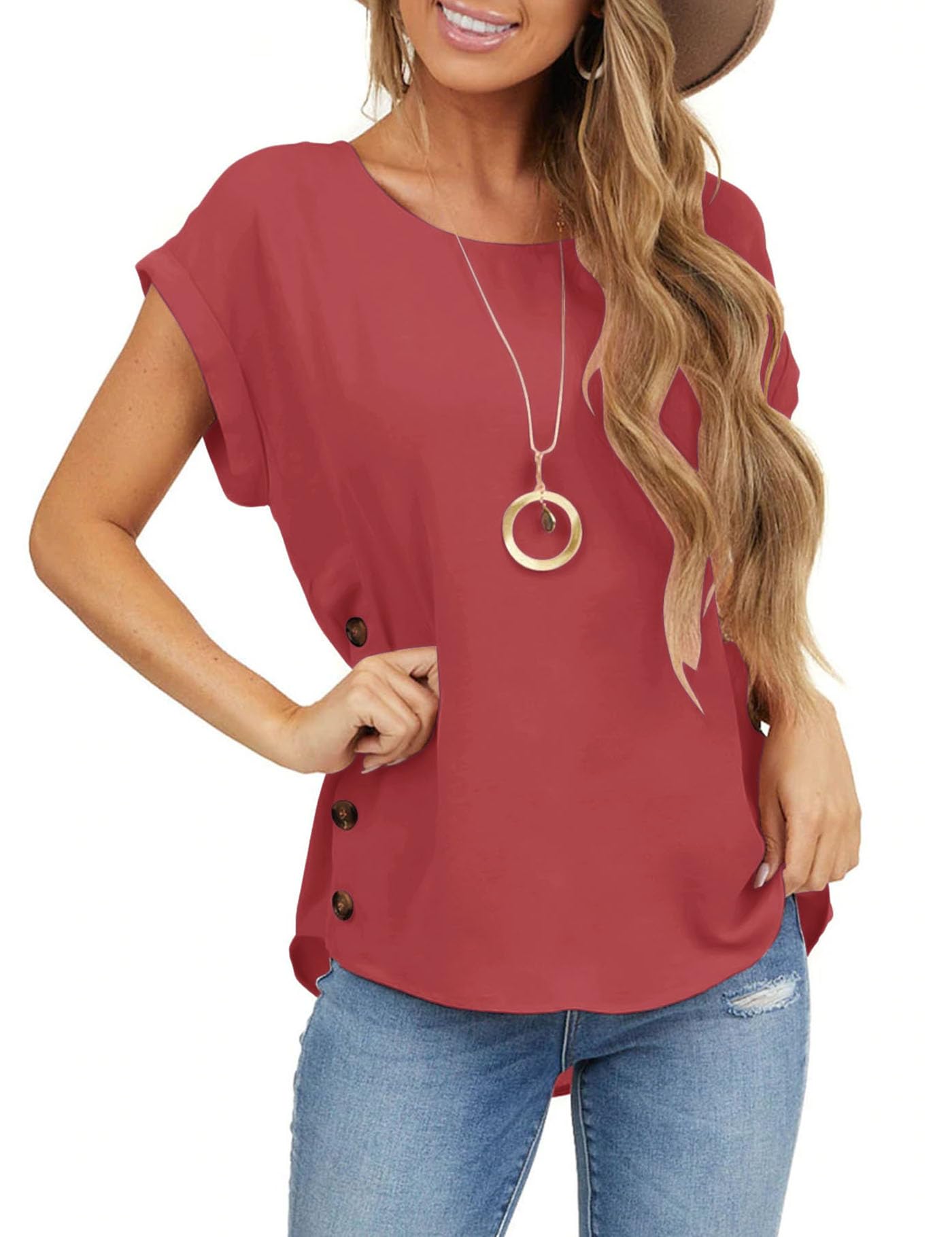 Orchidays Womens Casual Short Sleeve Tops Dressy Crew Neck Side Button Shirts Blouse