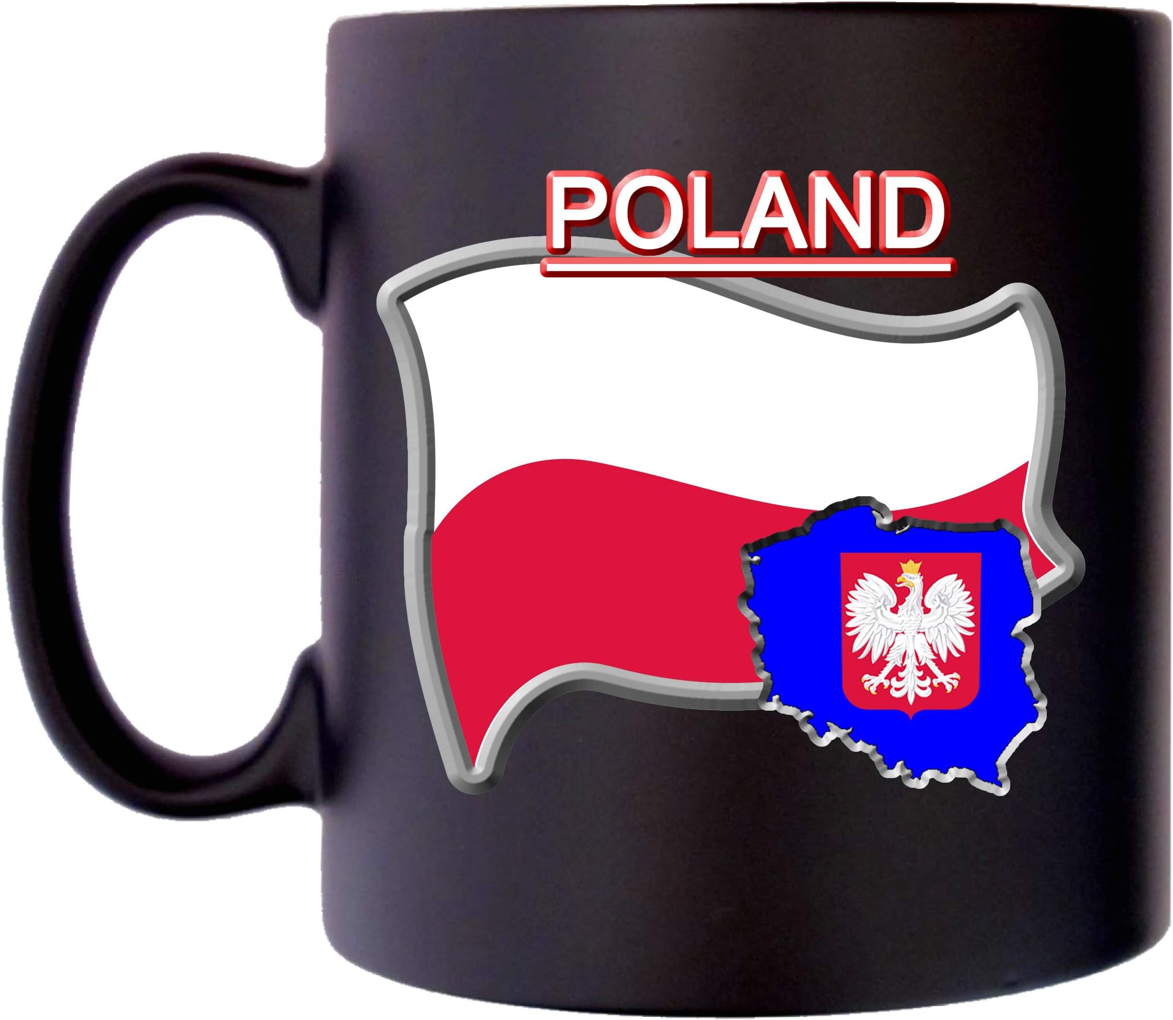 Klassek Poland Flag Polish Map Mug Coffee Tea 10oz Black Satin Coat of Arms COA Polska Crest Symbol
