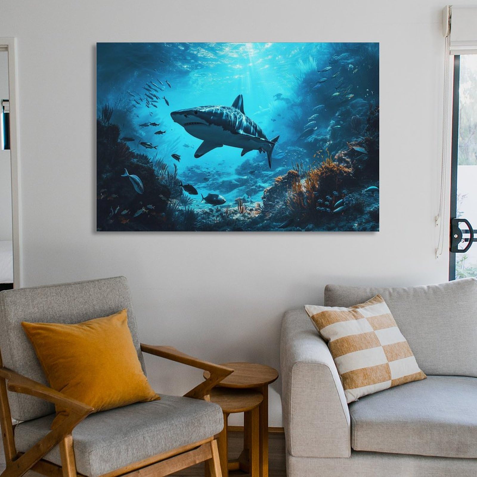 波とサメの油絵 Amazon.co.jp: 絵画 海の底の魚とサメの群れインテリア 絵画 超リアル