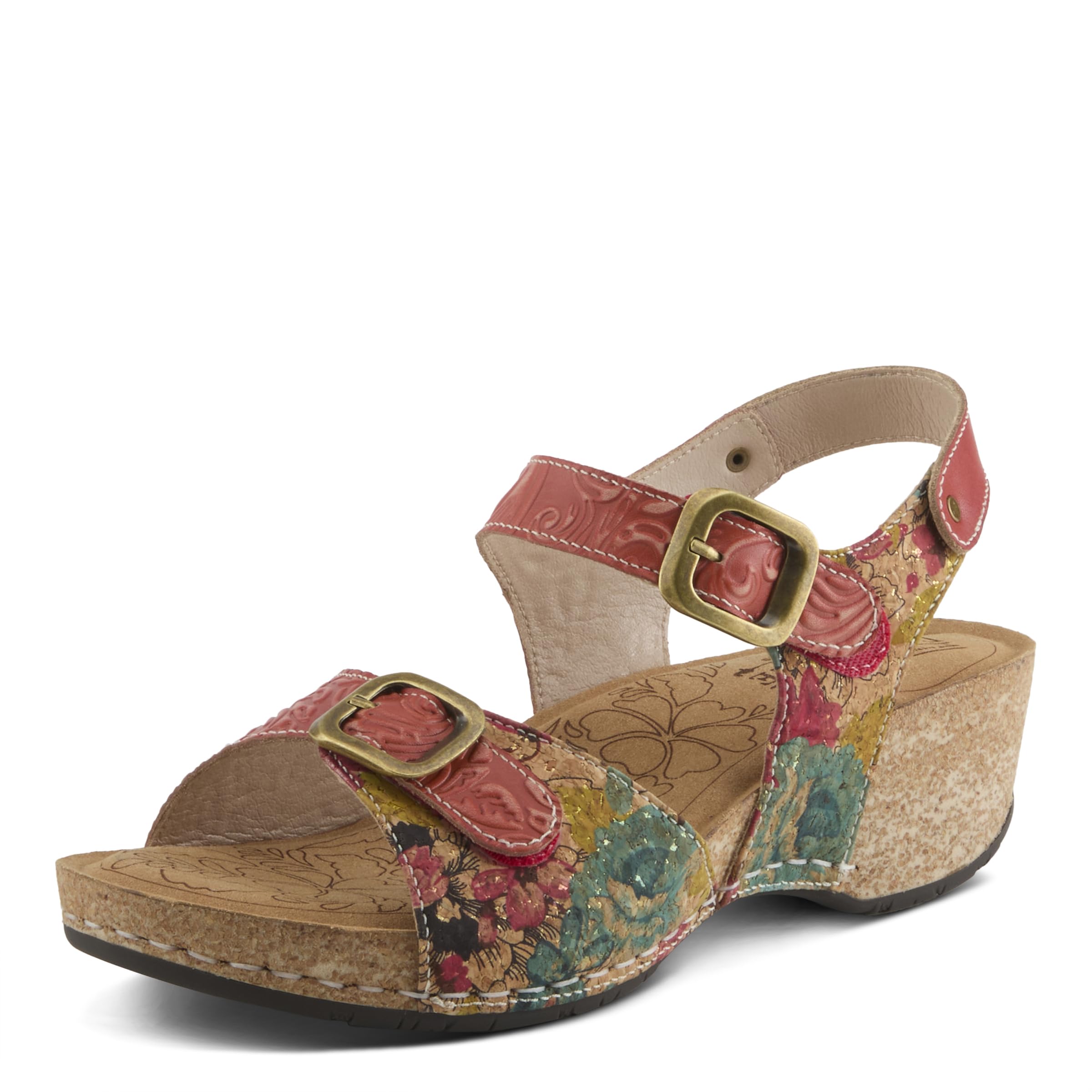 L'Artiste Women's OSUNA Hook-and-Loop Leather Sandals – Floral Cork Design, Adjustable Straps, Cushioned Demi-Wedge Sole