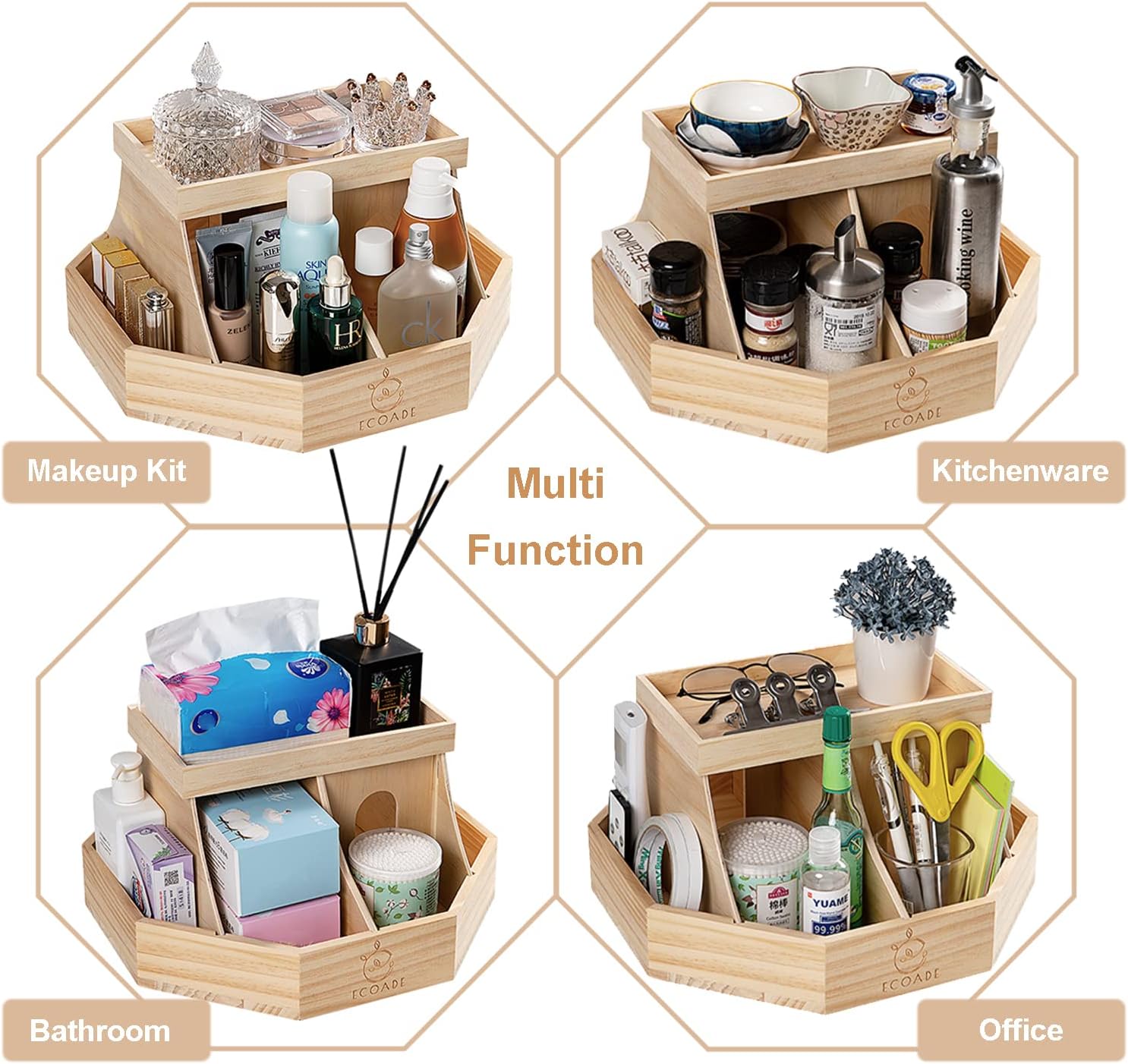 ECOADE Wooden Diaper Caddy Organizer - 360 Degrees Rotating Caddy with Removable Dividers, Nursery Diaper Organizer