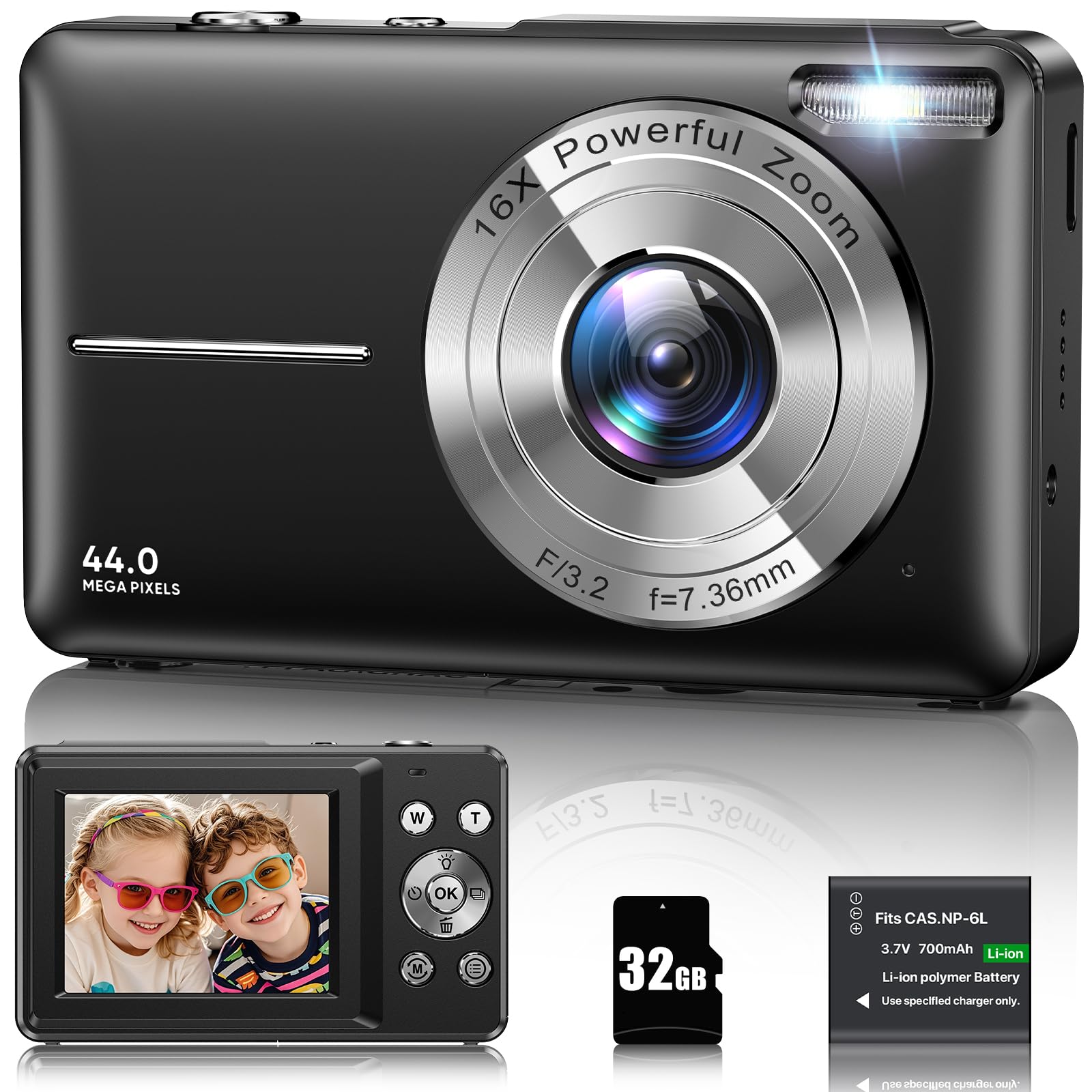Fotocamera Digitale Compatte, Macchina Fotografica 44MP 1080P HD con Zoom Digitale 16X, 2.4LCD Ricaricabile 2 Batteries per Bambini, Adulti, Principianti