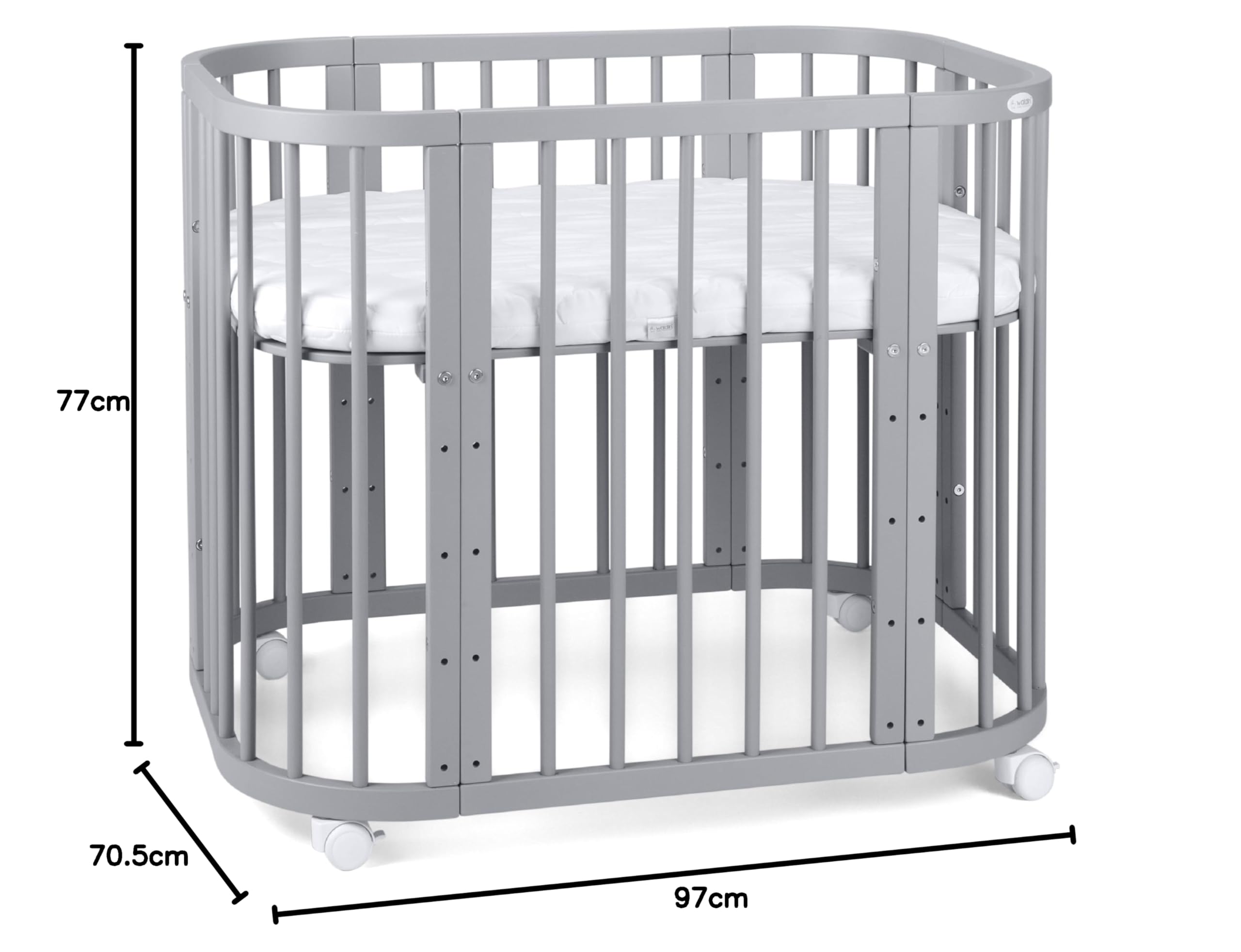 waldin Babybett 5in1, Beistellbett aus Holz, Matratze, Belüftet, Grau | Belüftet, Boden 5-fach verstellbar, Mitwachsend, Wiegefunktion optional