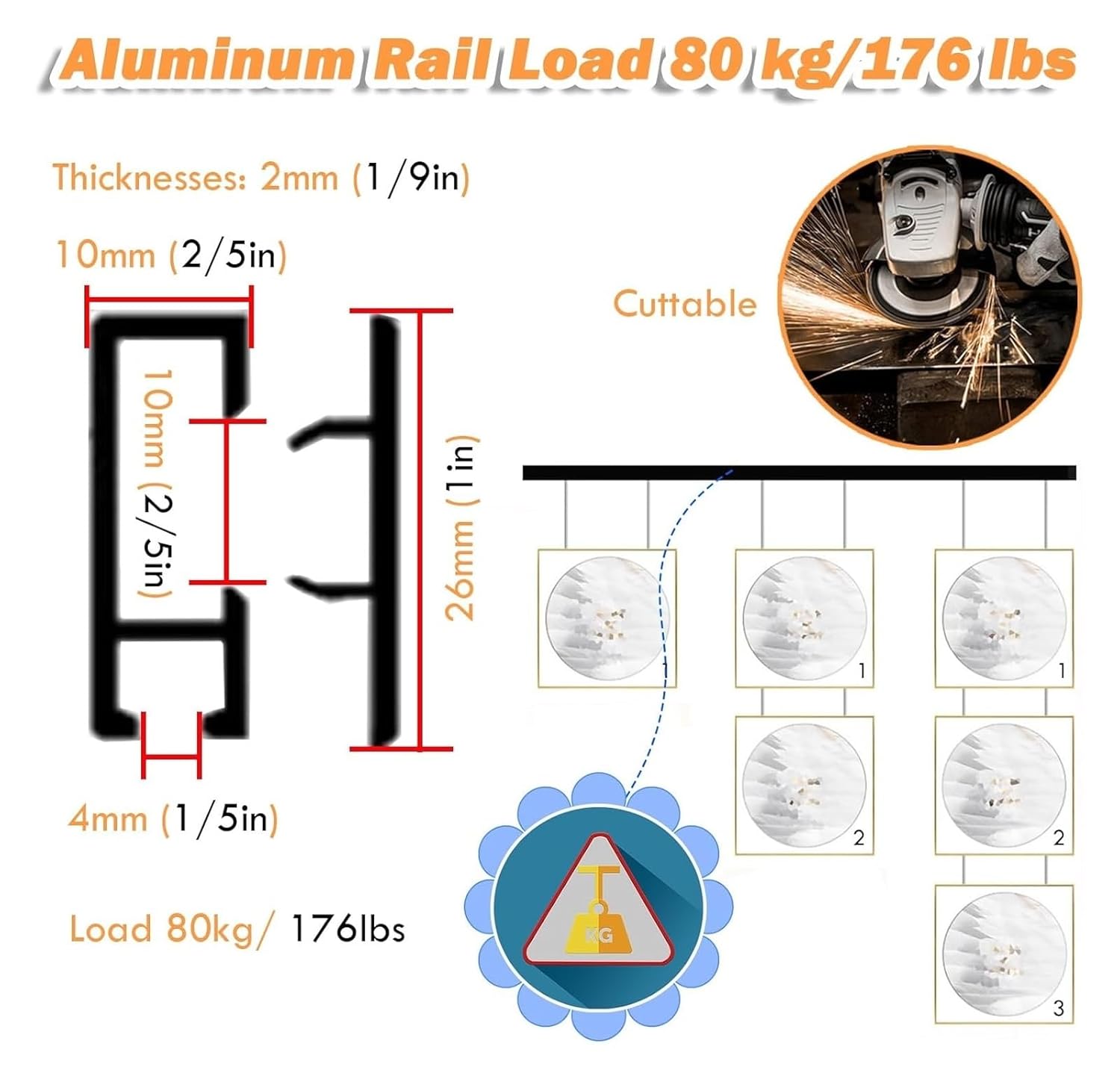Picture Rail Hanging System, Picture Hanging Kit 70-150 cm Aluminum Track White Adjustable Hooks Steel Cords Cuttable Rails(70cm/27.6" Rail,2m/6.6' Cable)