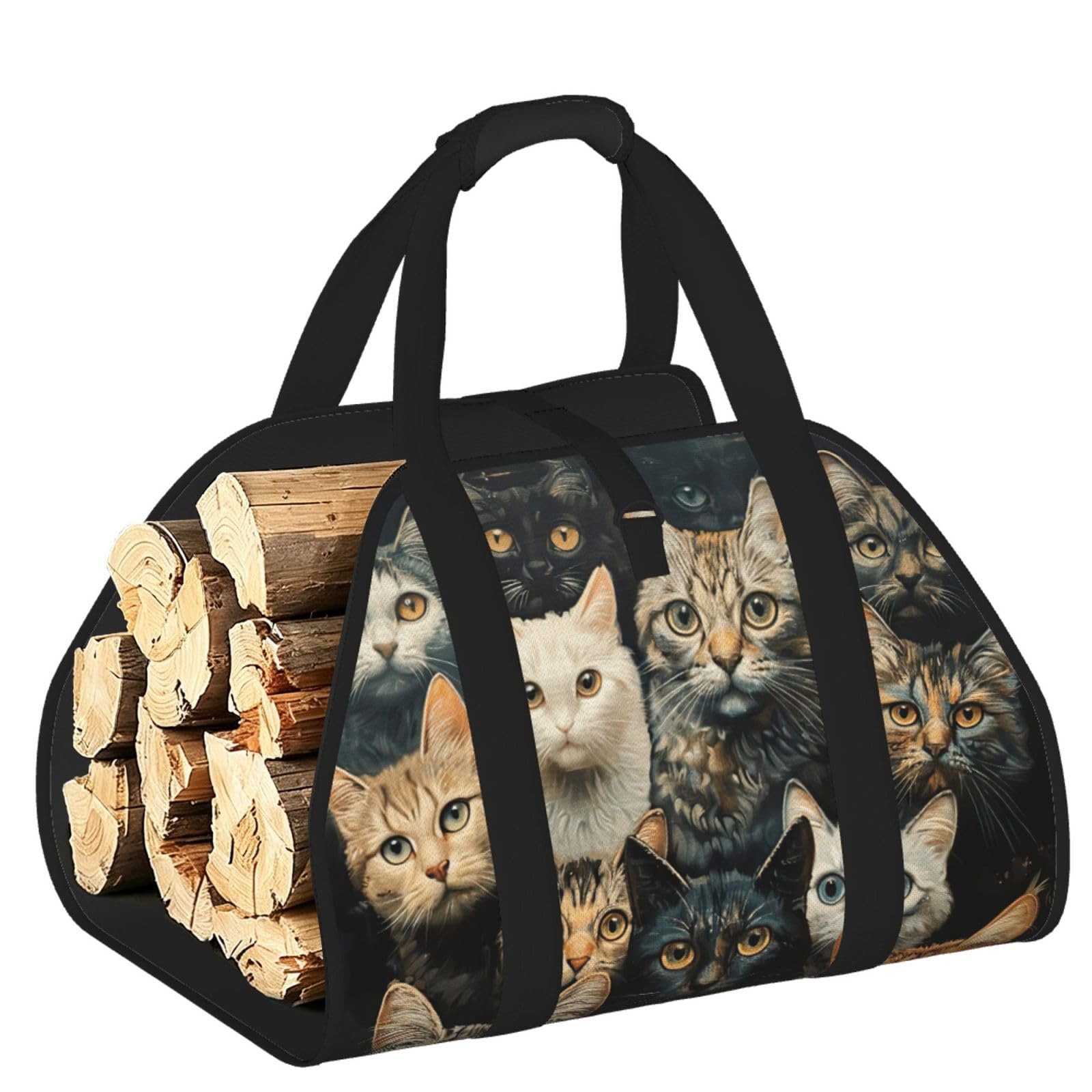 Cat Printed Firewood Carrier Bag, Log Tote with Open-Ended Design for Camping Outdoor Wood Hauling