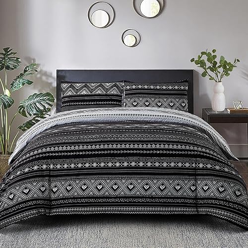 Miniatura 2 de Lekesky Funda de edredón bohemia tamaño Queen, funda de edredón reversible color negro y blanco, 3 piezas, microfibra súper suave, transpirable,