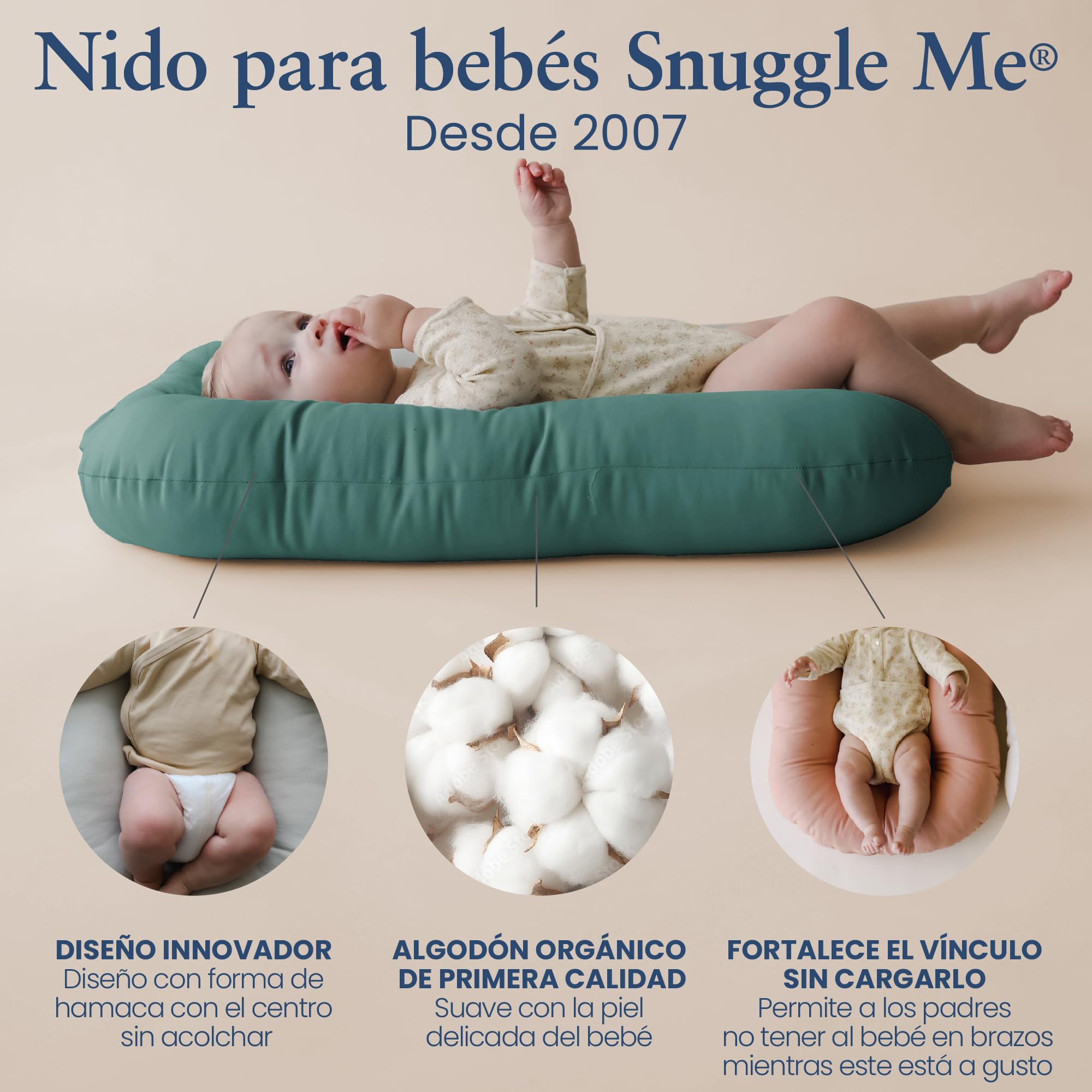snuggle me Me® Nido Bebé Recién Nacido (De 0 a 9 Meses): Nido Bebé de Algodón Orgánico de Primera Calidad con el Centro Relleno de Fibra, 100% Lavable a Máquina y con Bolsa de Viaje (Moss)
