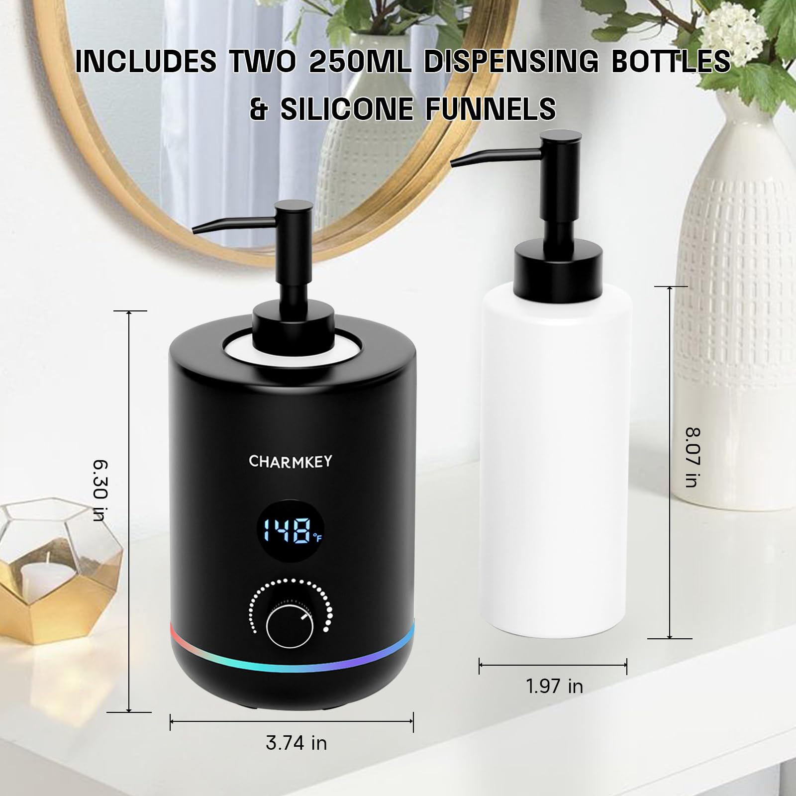 CHARMKEY Calentador de aceite de masaje para spa, dispensador de 2 botellas, temperatura ajustable (negro)